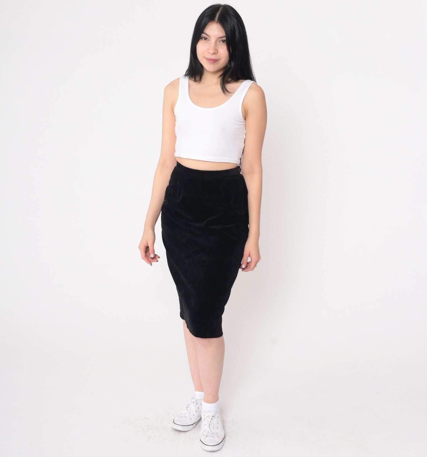 70s Black Velvet Midi Pencil Skirt High Waisted Extra Small XS