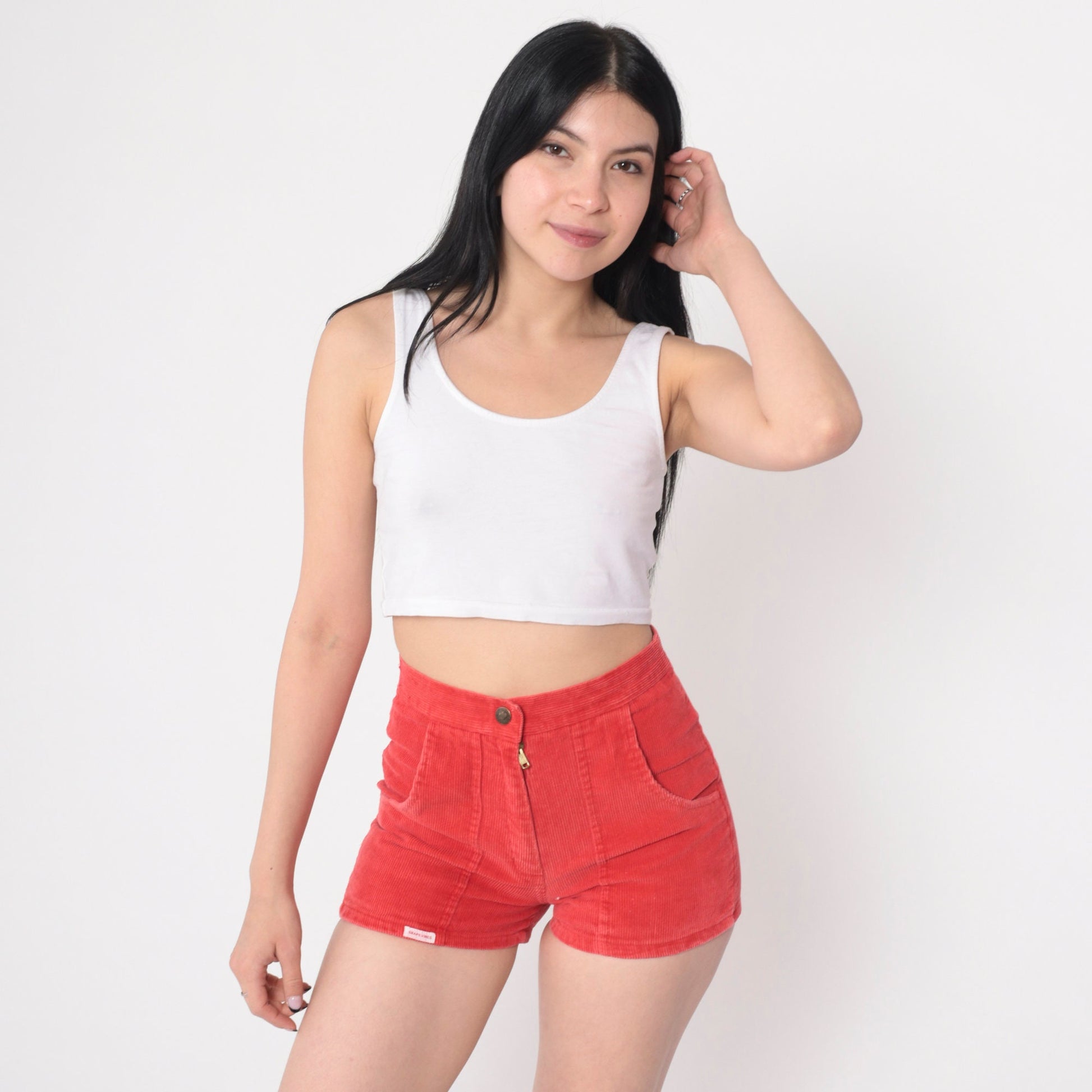 80s Red Corduroy Shorts High Waist Patch Pockets Zipper Fly Extra Small