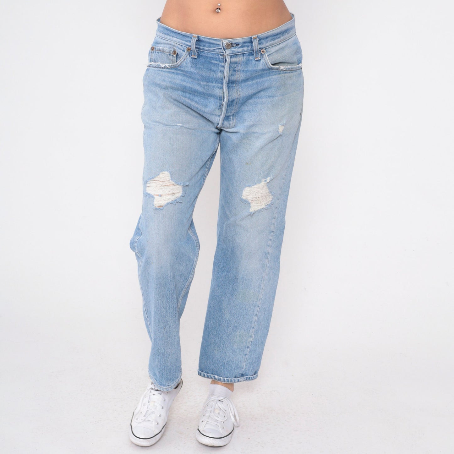 90s Levis 501 Ripped Blue Denim Jeans Button Fly Relaxed Fit Large 36