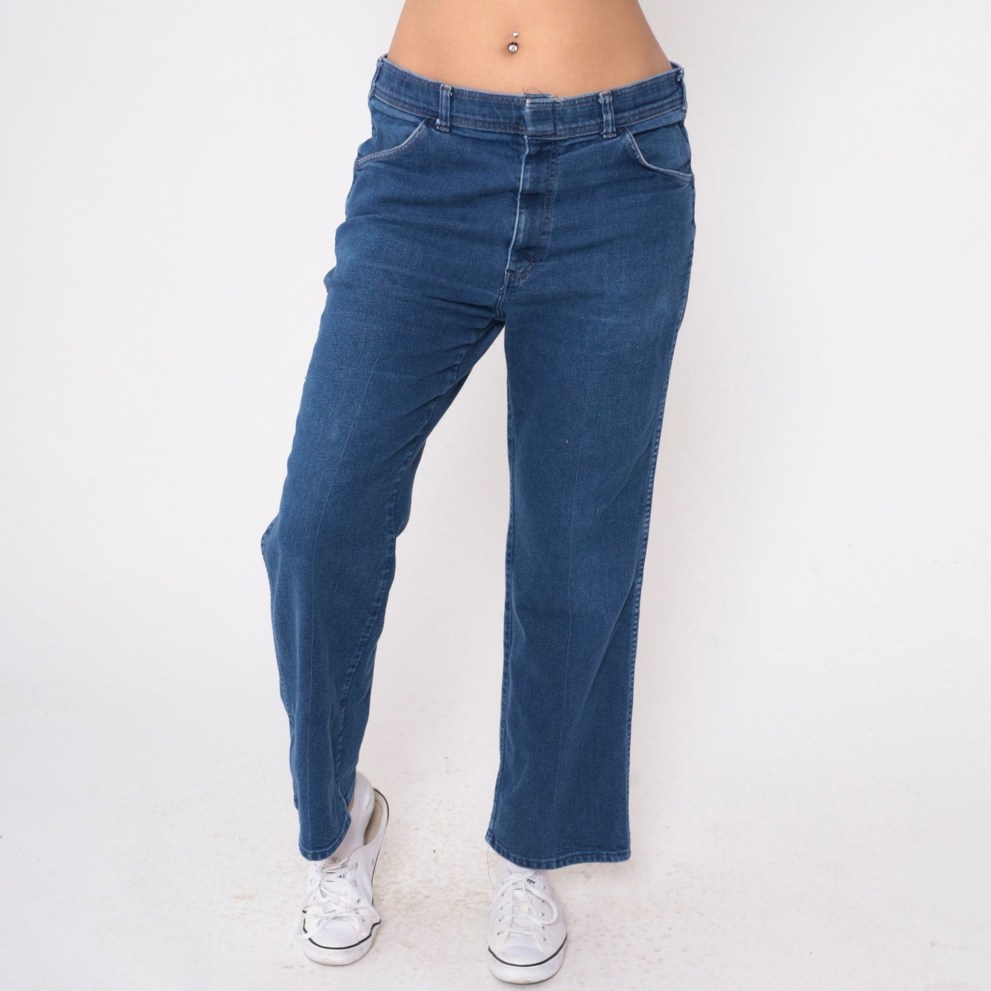 80s High Waisted Straight Leg Jeans Dark Blue Denim Men's 36 x 30