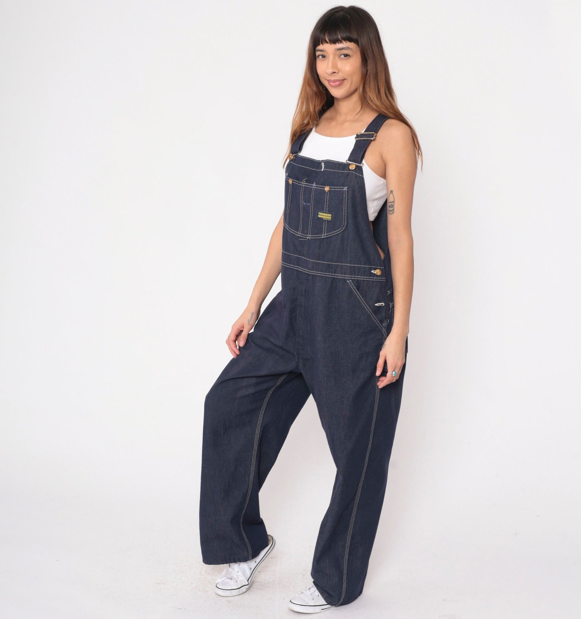 70s Toughskins Dark Blue Denim Bib Overalls Straight Leg Men's 40x30