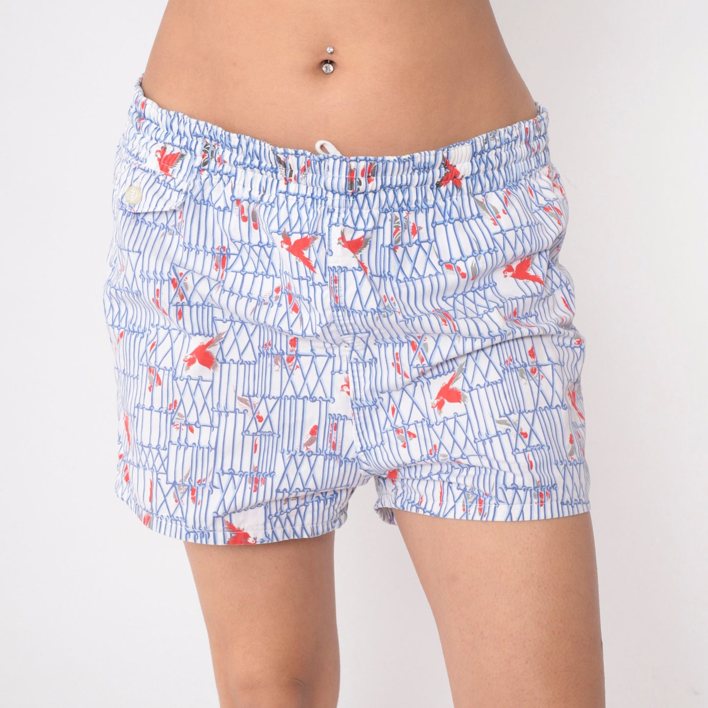 80s Bird Cage Parrot Swim Shorts White Blue Novelty Print Men's Medium