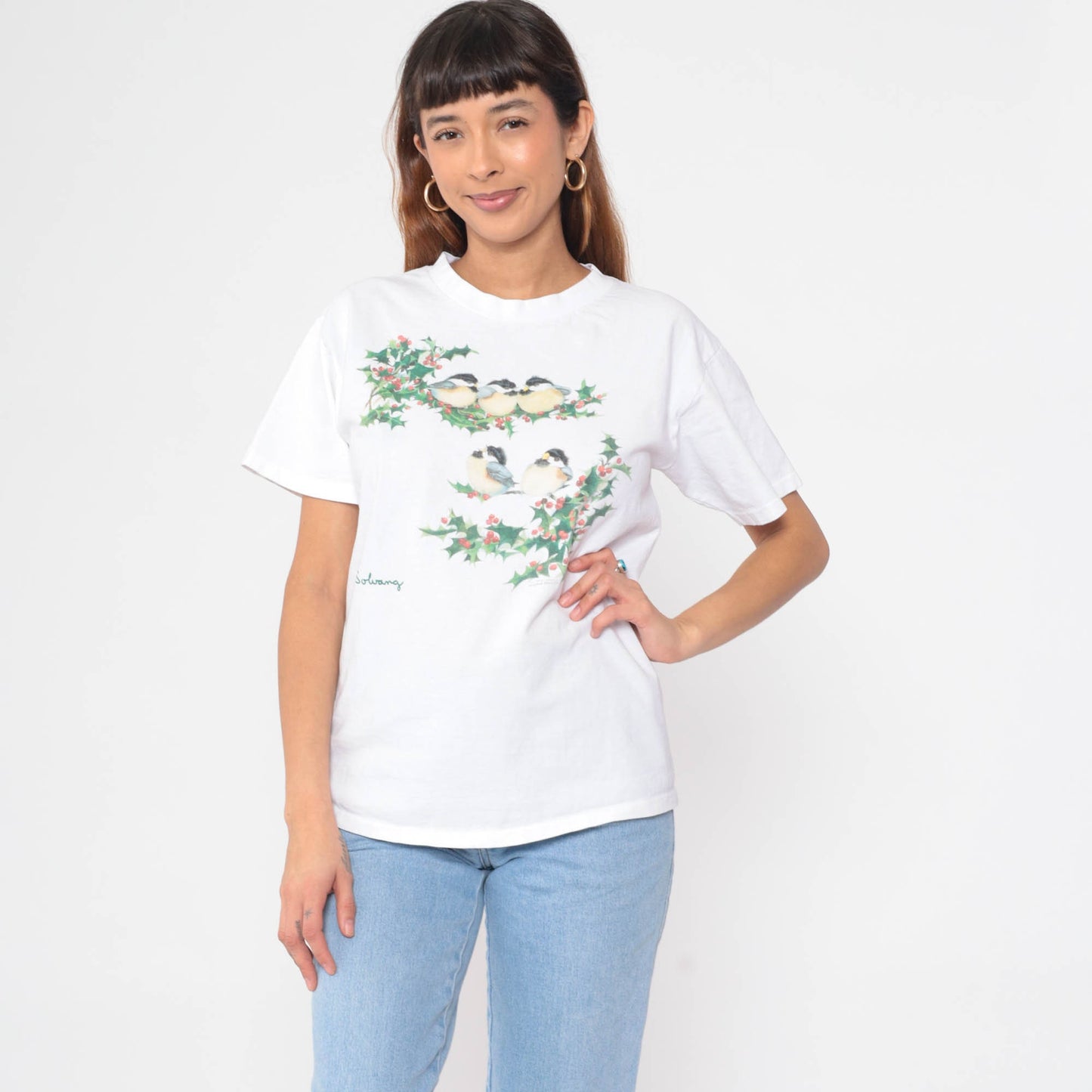 90s Solvang Chickadee Holly Graphic T-Shirt White Cotton Single Stitch Medium