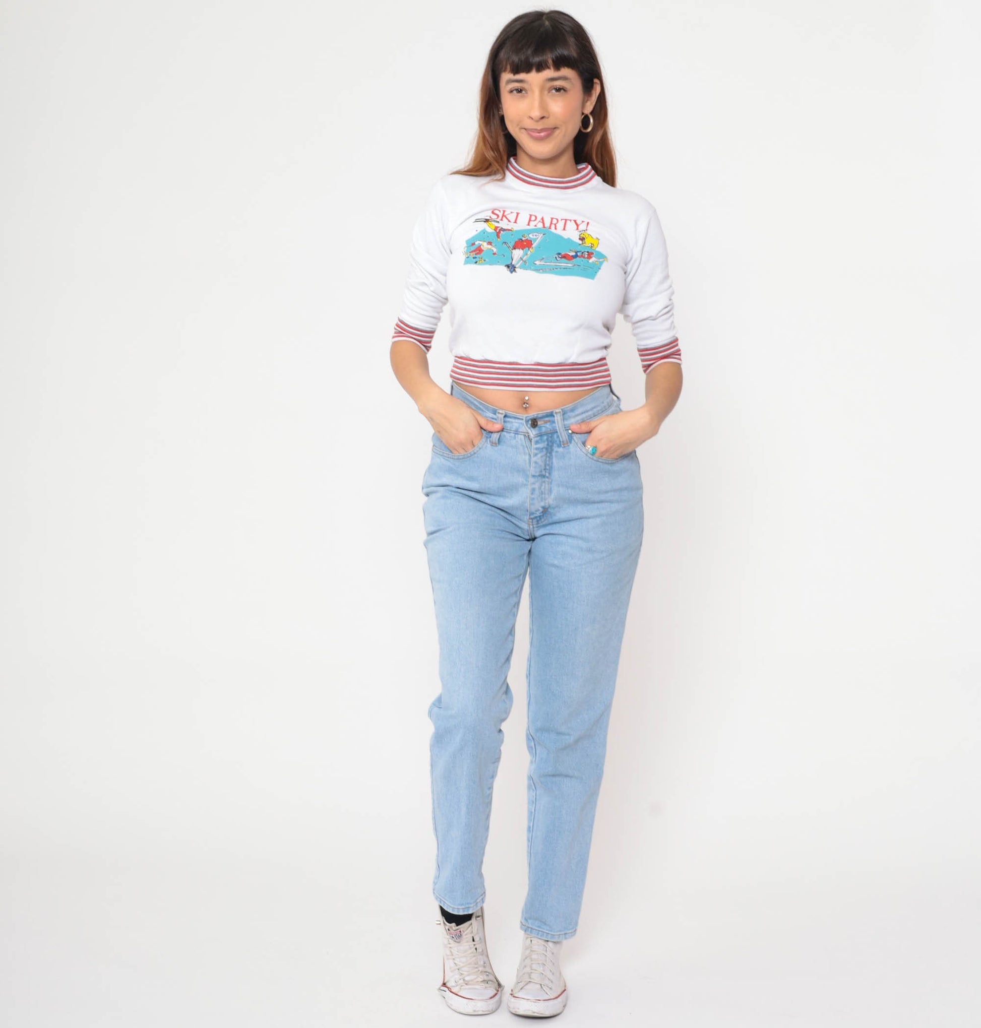 90s Ski Party Cartoon Ringer Sweatshirt Cropped White XXS