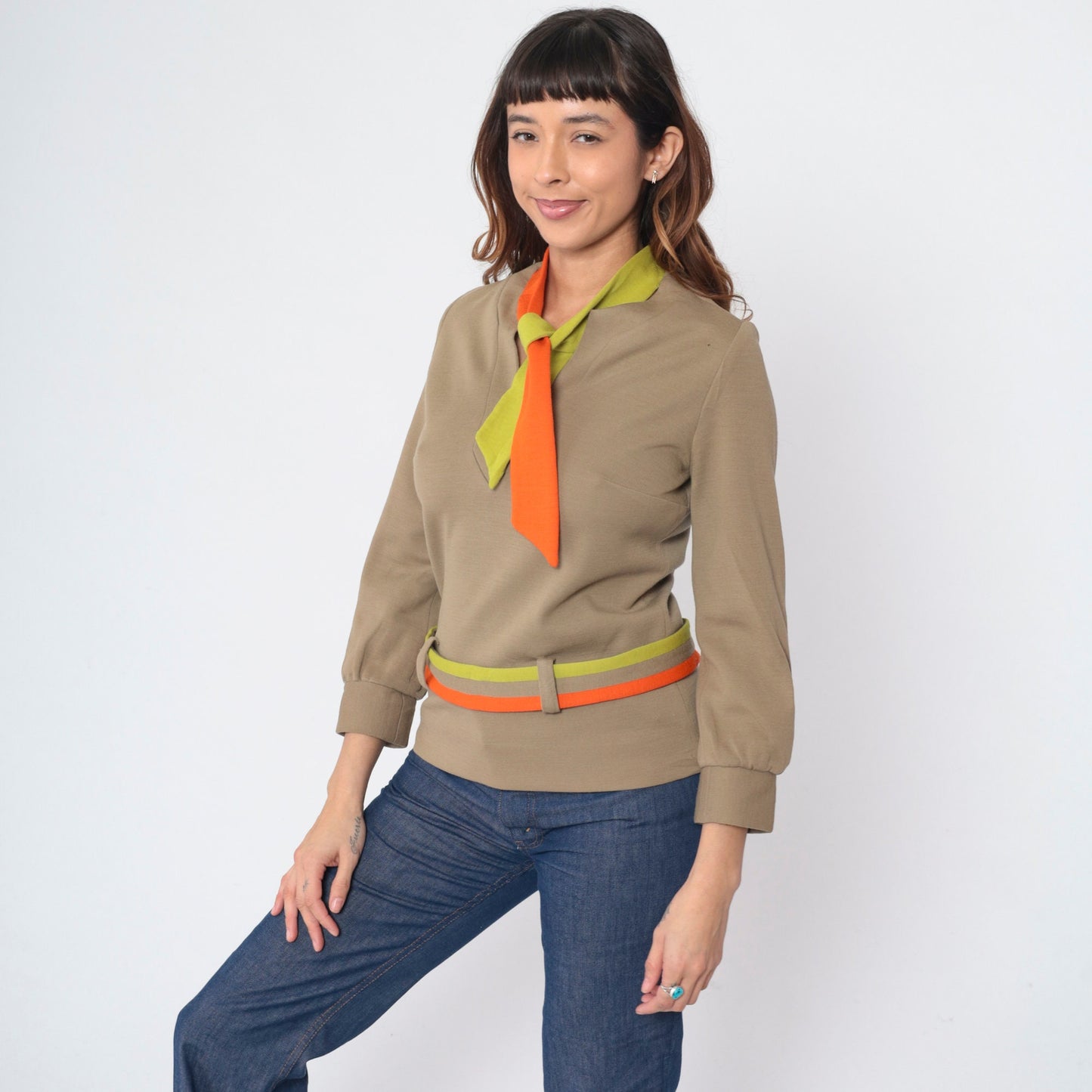 60s Nardis Wool Blouse Taupe V-Neck Necktie Belted Long Sleeve Small