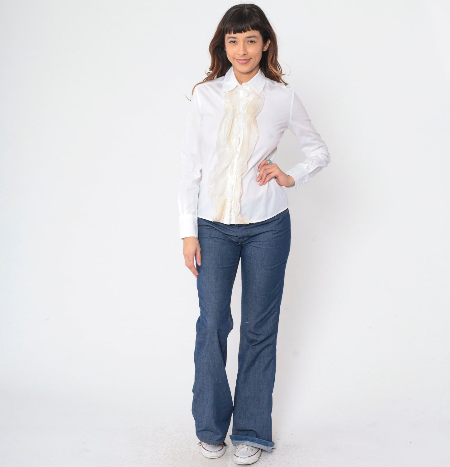 80s Valentino White Ruffled Tuxedo Blouse Long Sleeve Button Up Extra Small