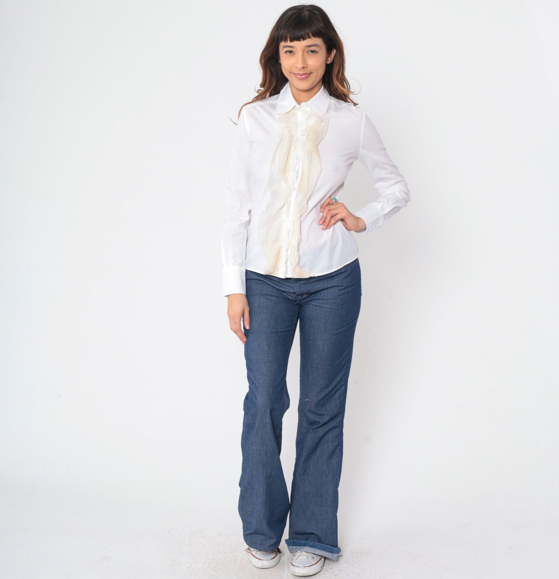 80s Valentino White Ruffled Tuxedo Blouse Long Sleeve Button Up Extra Small