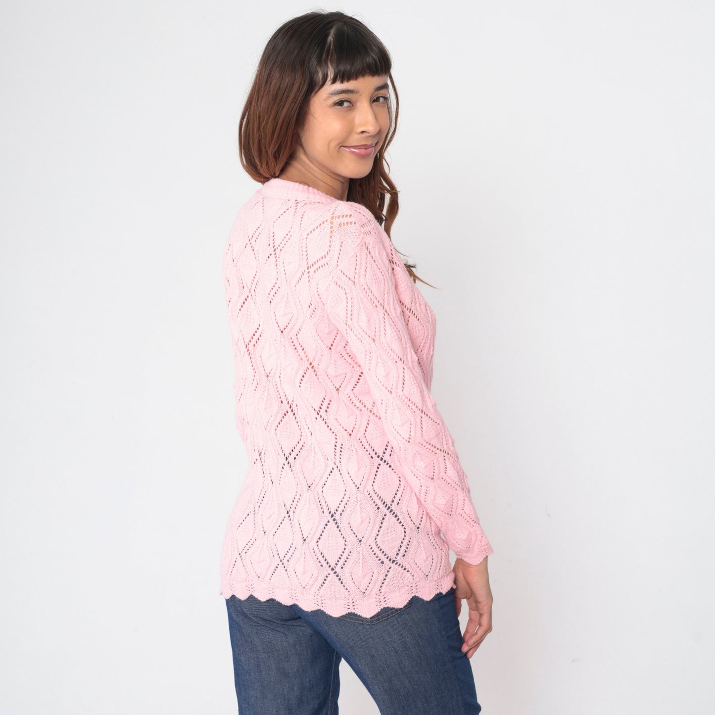 80s Baby Pink Pointelle Cardigan Button-Up Knit Sweater Scalloped Hem Medium M