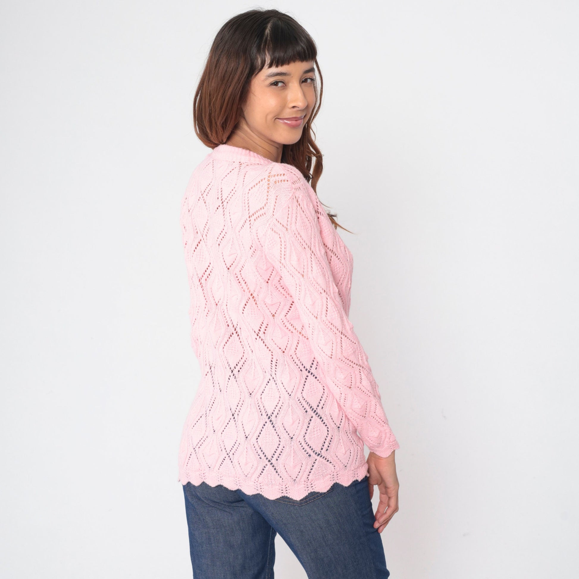 80s Baby Pink Pointelle Cardigan Button-Up Knit Sweater Scalloped Hem Medium M