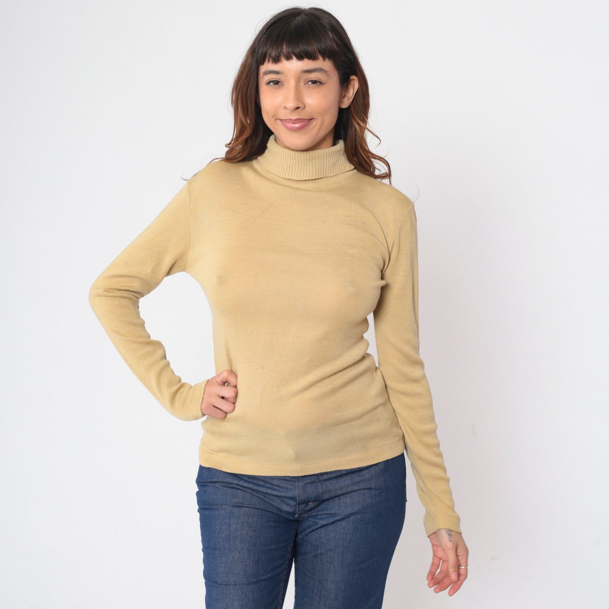 70s Jantzen Wool Blend Turtleneck Sweater Beige Long Sleeve Medium