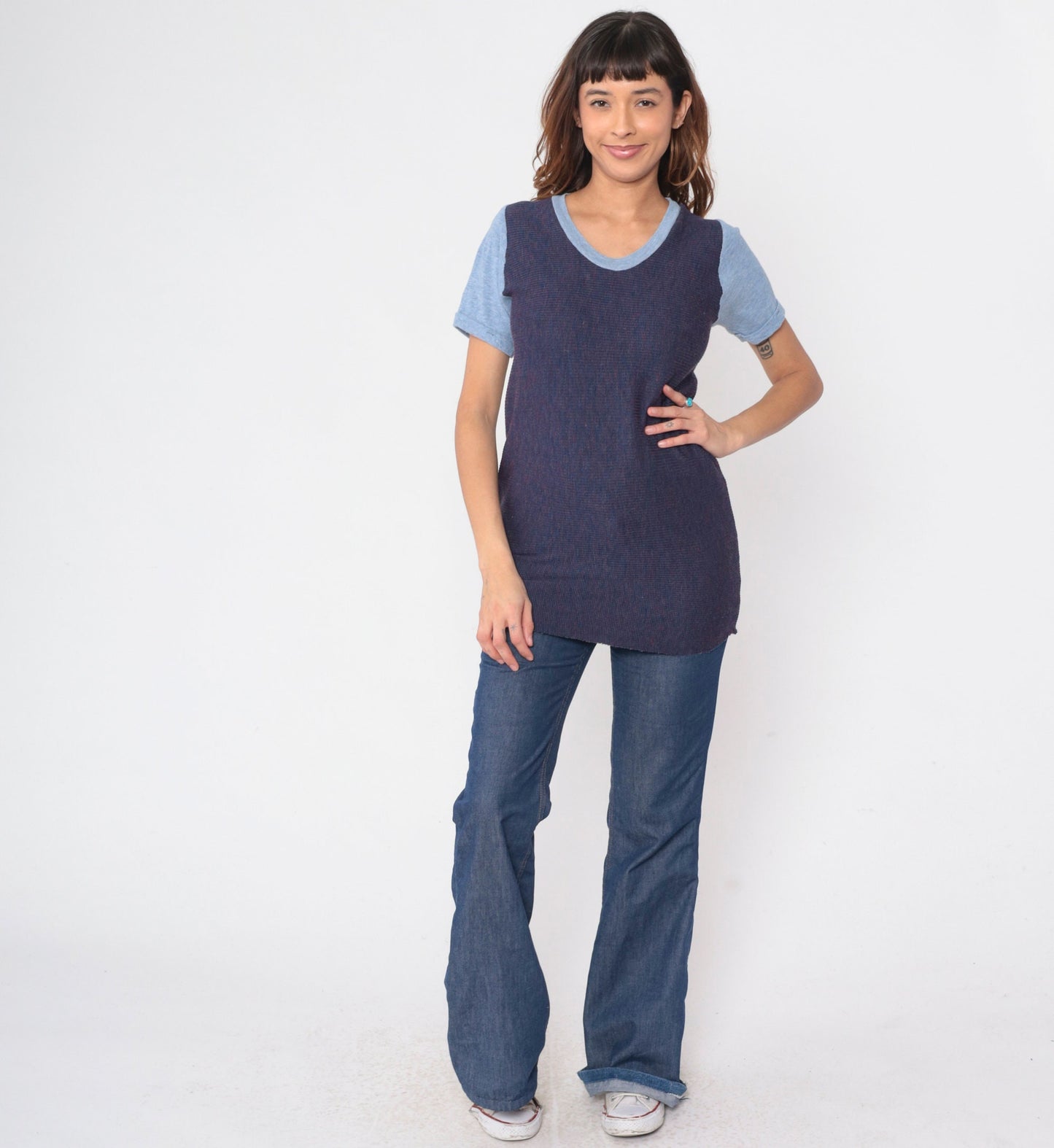 70s Ringer Tee Blue Waffle Knit Scoop Neck Cuffed Sleeve Small