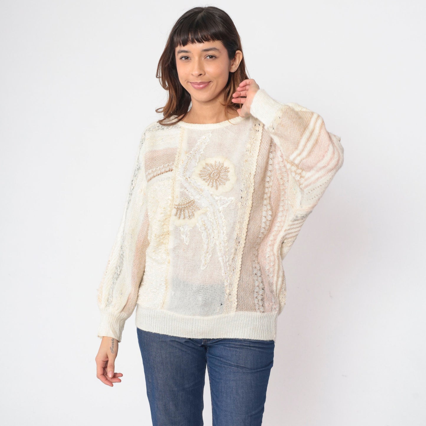 90s Mariea Kim Beaded Floral Knit Sweater Cream Mixed Media Medium