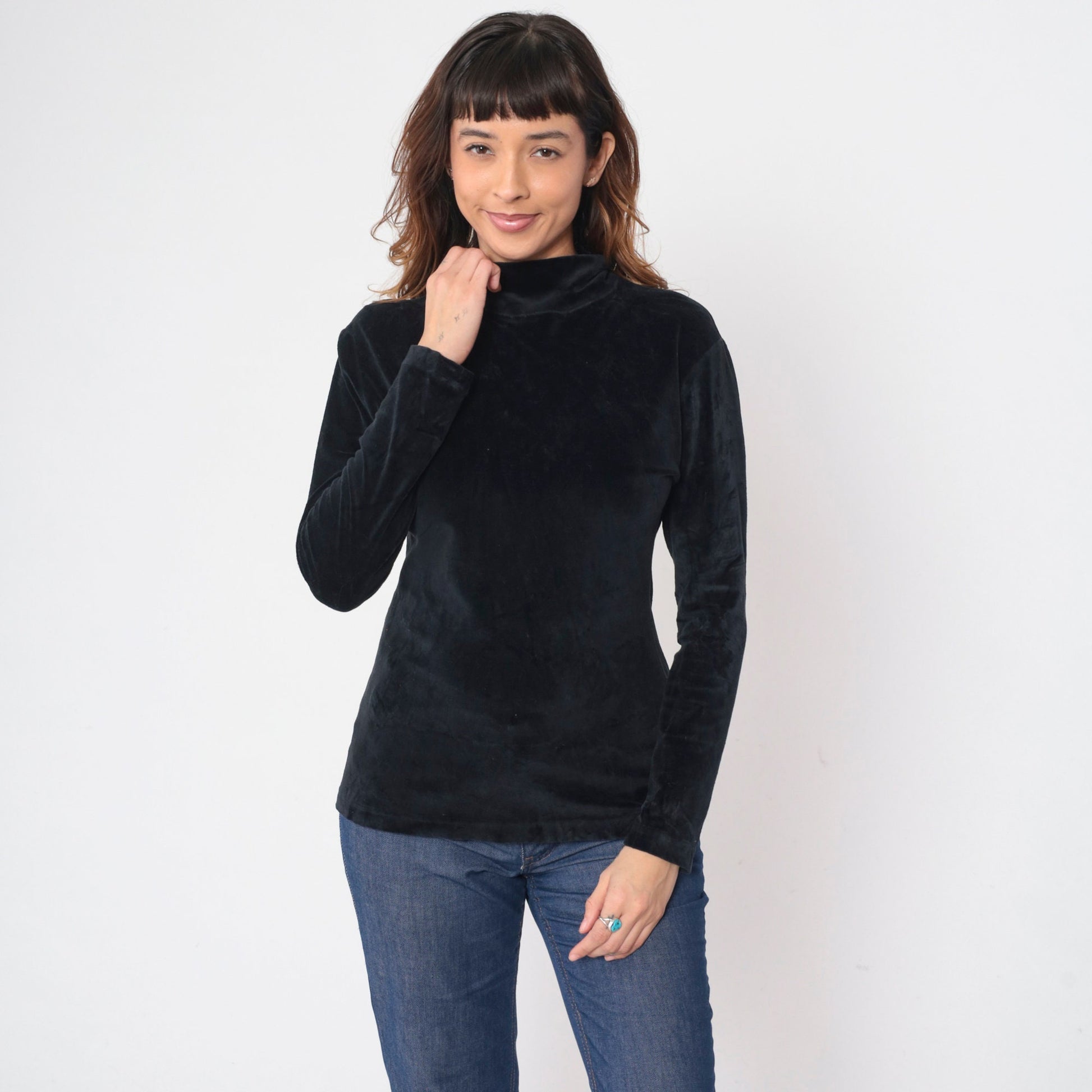 90s Black Velvet Turtleneck Blouse Long Sleeve Small S