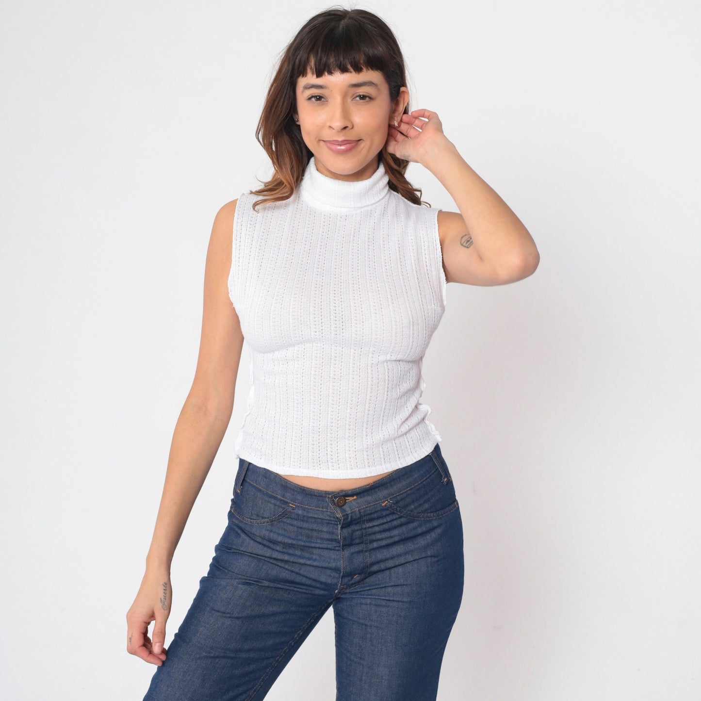 70s White Mock Neck Crop Tank Top Pointelle Cutout Sleeveless Small