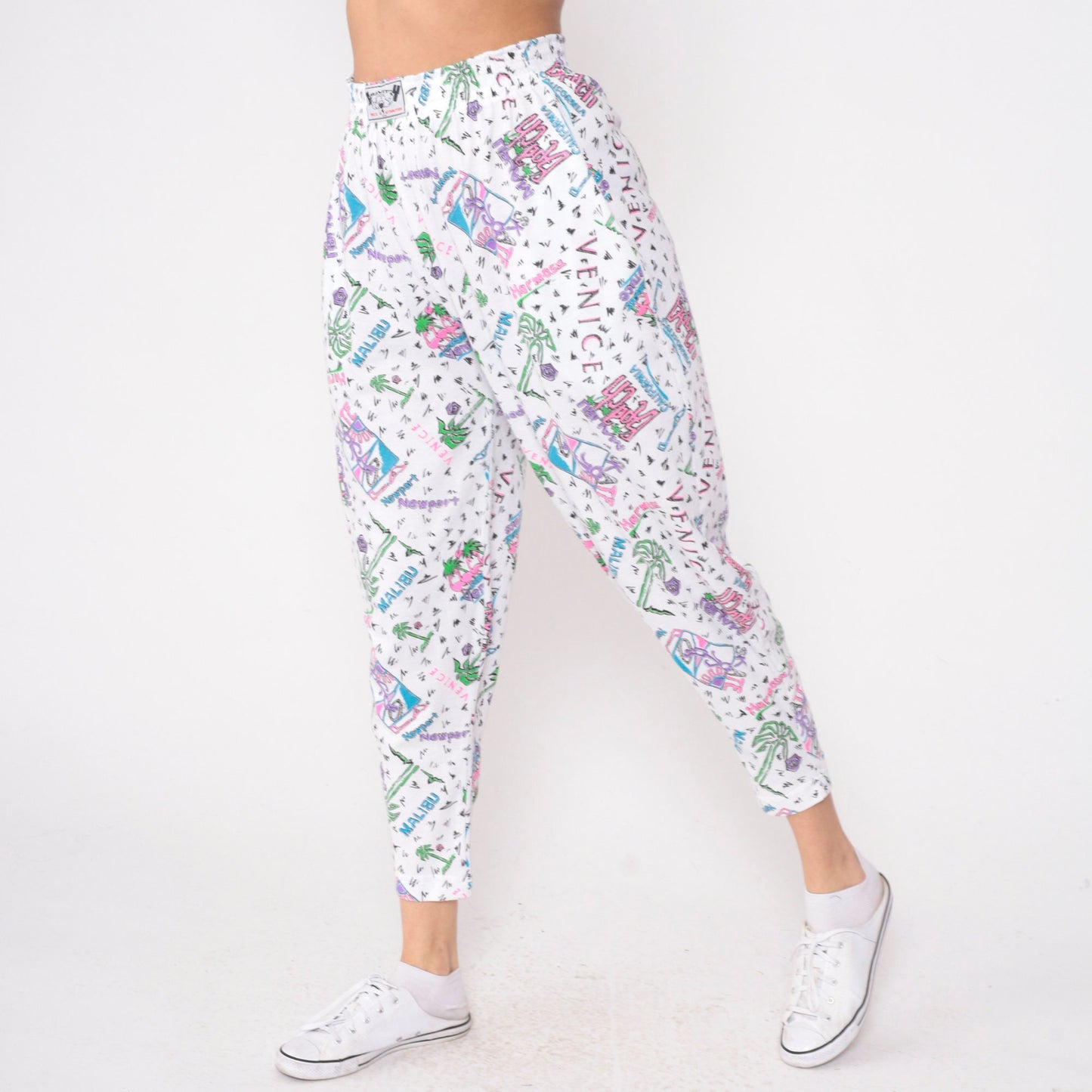 90s Gravity Los Angeles Beach Parachute Pants White Palm Tree Flamingo Small