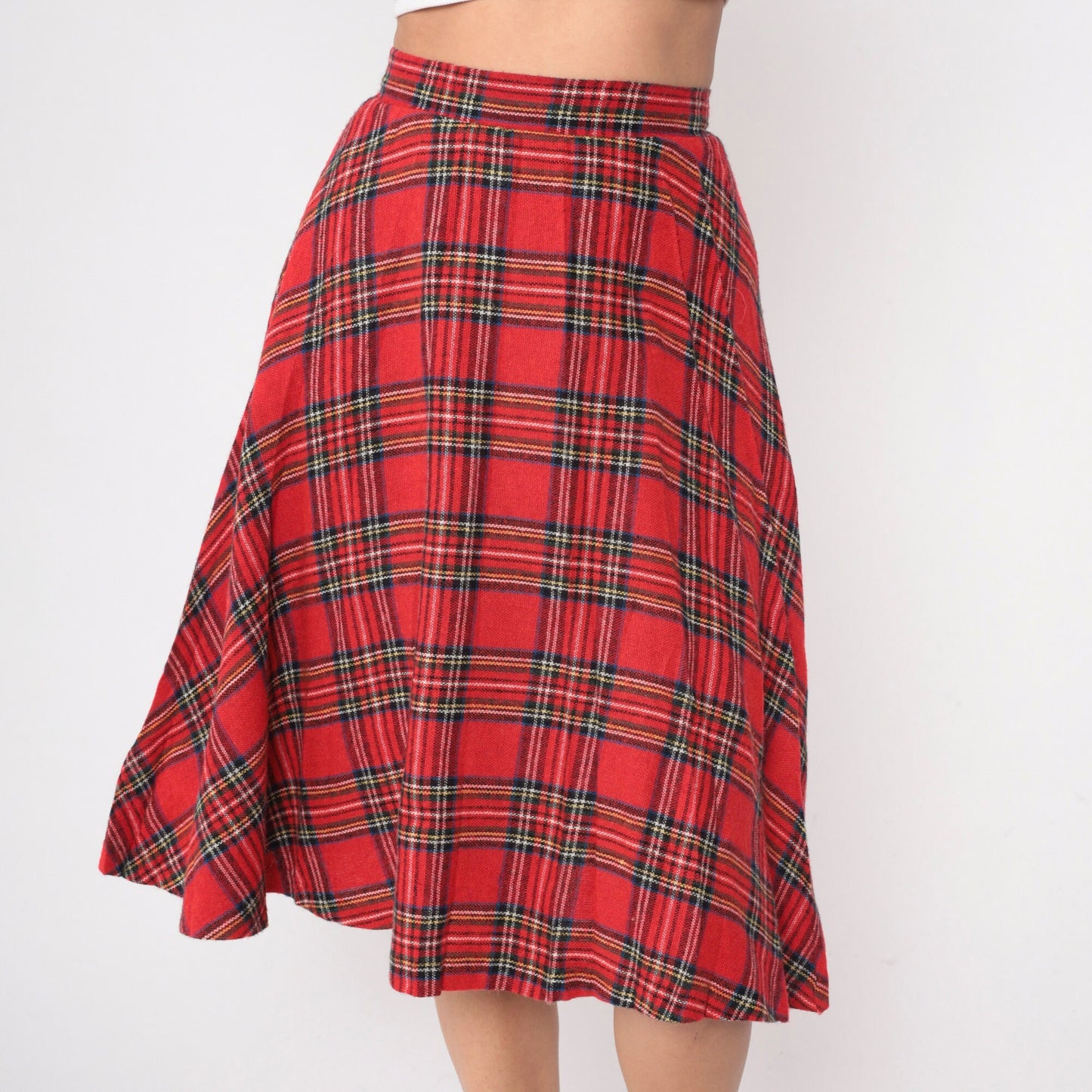 70s Red Plaid Midi Skirt High Waisted A-Line Tartan Small S