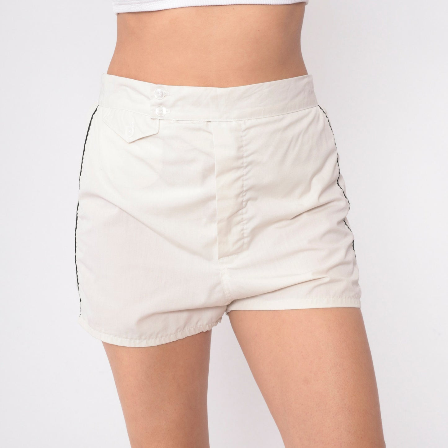 80s BVD Swim Shorts Ecru White High Waist Elastic Waistband Small
