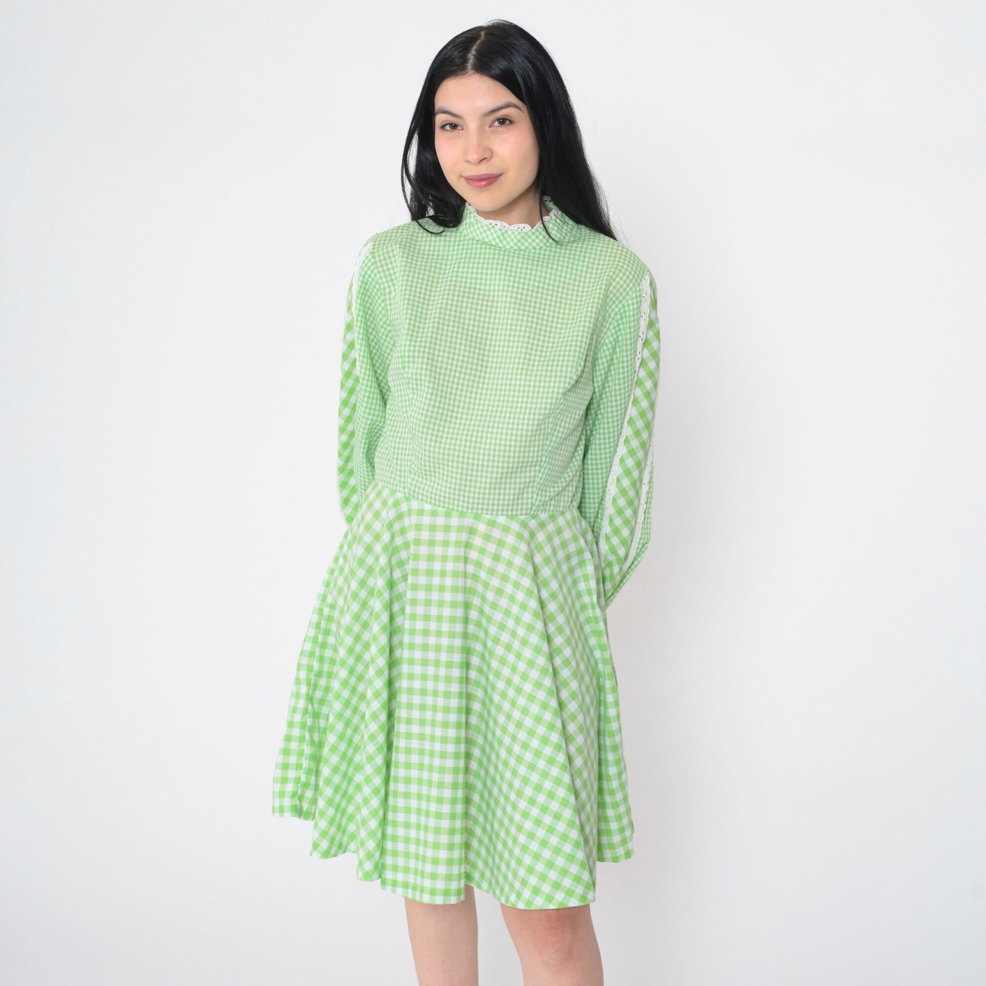 70s Green Gingham Mini Dress Mock Neck Balloon Sleeve Eyelet Lace Small
