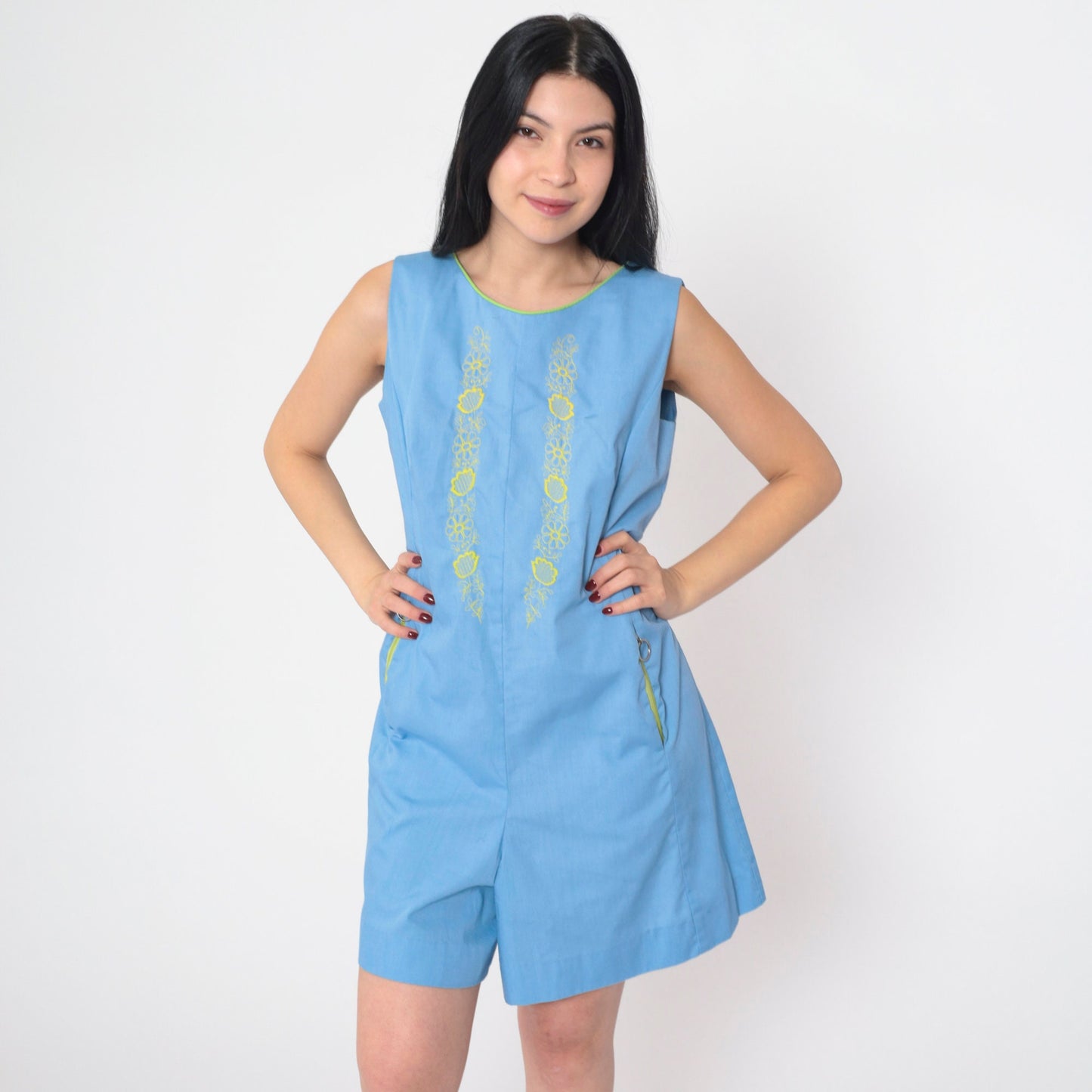 60s Mod Floral Embroidered Romper Blue Sleeveless Mini Cotton Small S