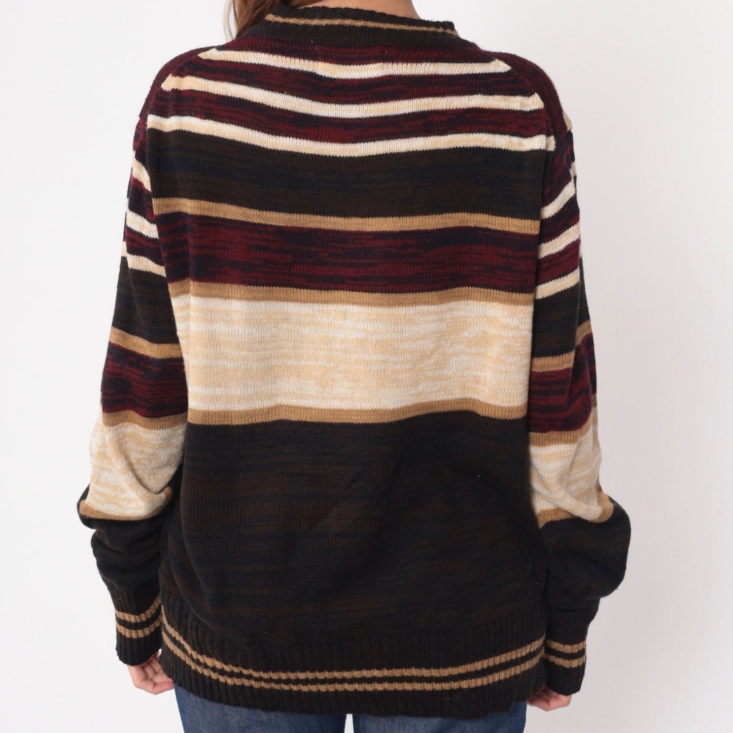 70s Sven Space Dye Striped Sweater Brown Burgundy Square Neck Knit Large L