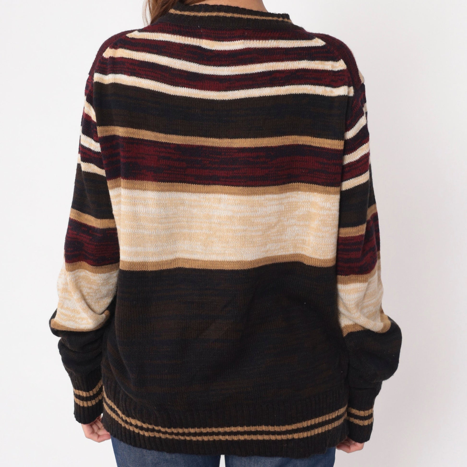 70s Sven Space Dye Striped Sweater Brown Burgundy Square Neck Knit Large L