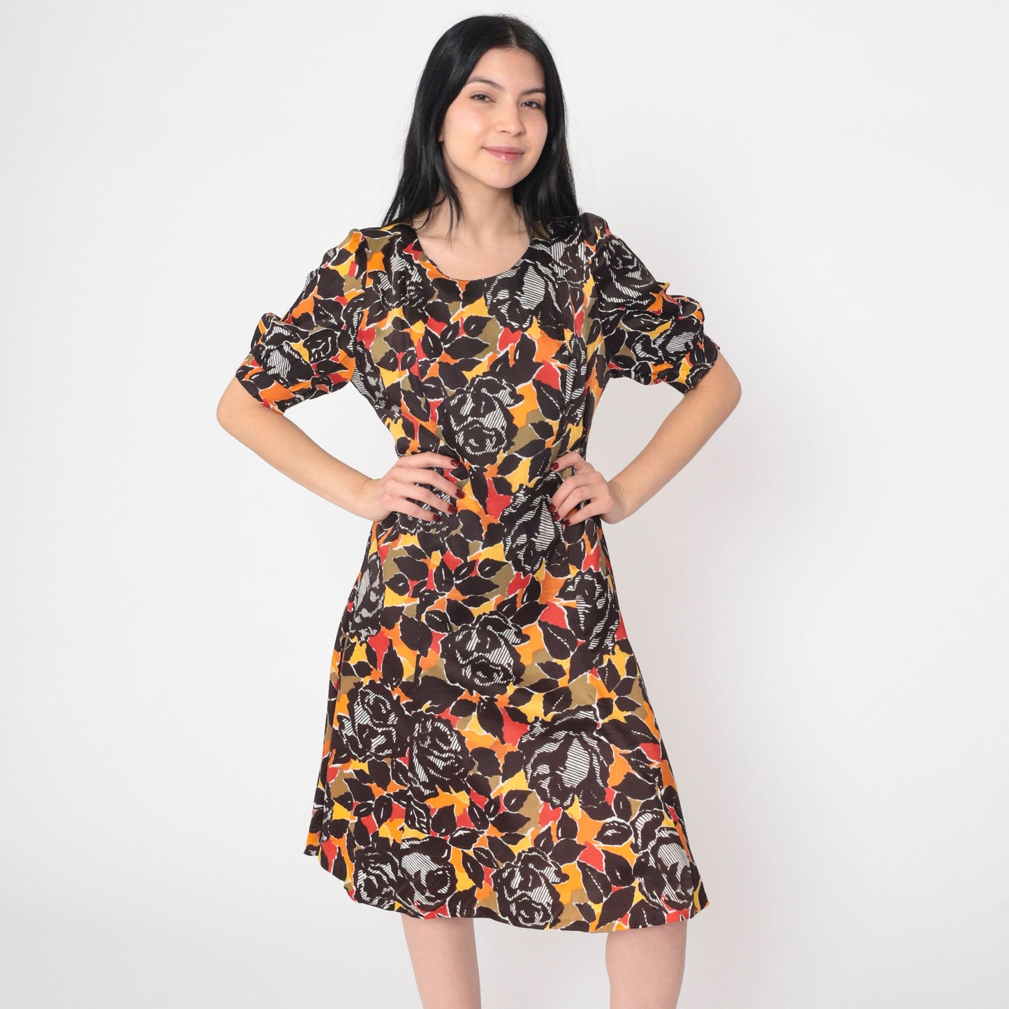 70s Rose Floral Print Mini Dress Puff Sleeve Shift Small