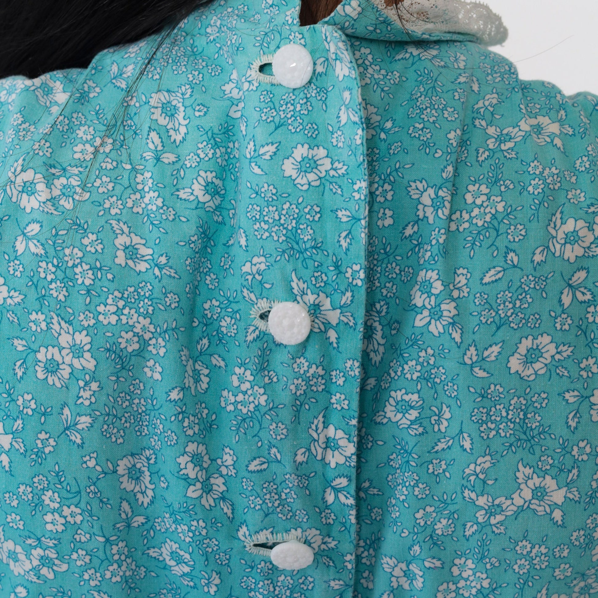 70s Blue Calico Floral Midi Dress Tiered 3/4 Sleeve Mock Neck Small