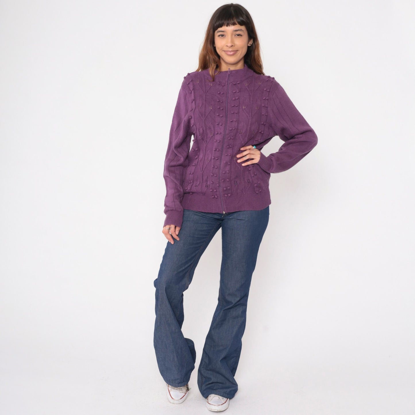 90s Purple Pointelle Cardigan Popcorn Knit Leaf Design Zip Up Sweater Medium