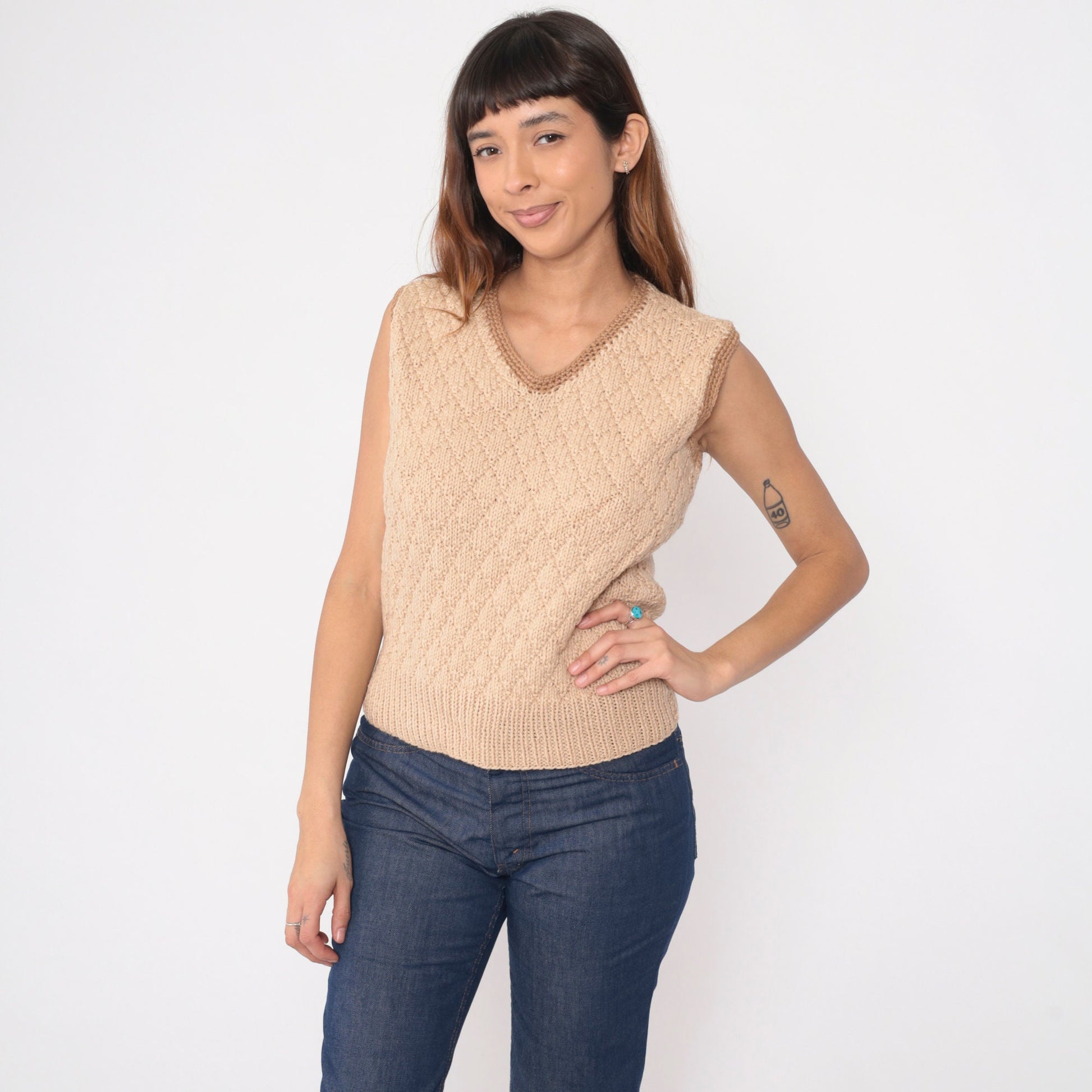 70s Tan Diamond Knit Sweater Vest V Neck Brown Trim Small