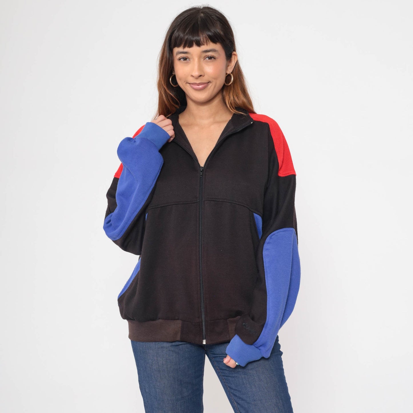 90s Dolfin Zip Up Sweatshirt Faded Black Red Blue Striped Track Jacket Large L