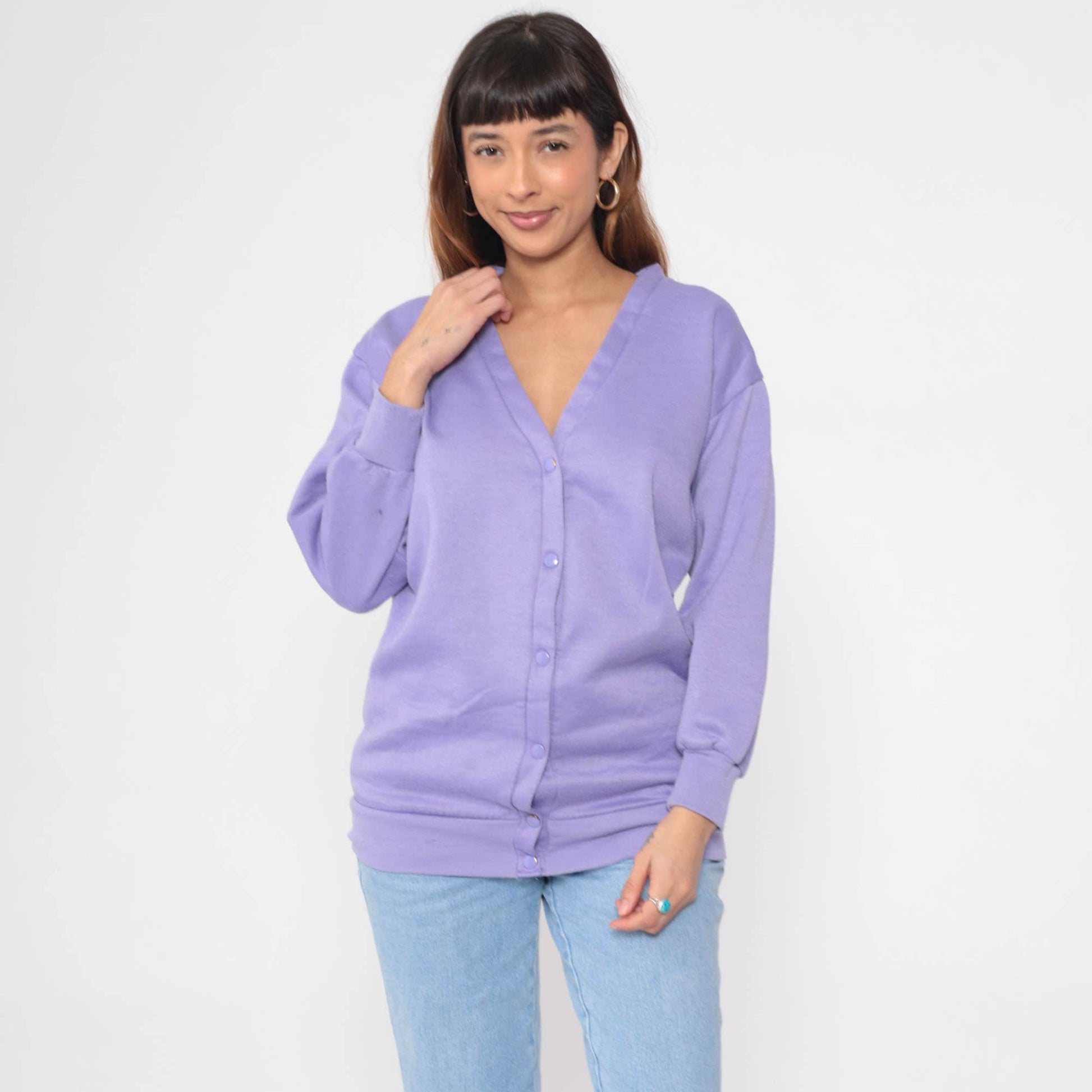 90s Lavender Cardigan Sweatshirt Snap Button V-Neck Slouchy Small
