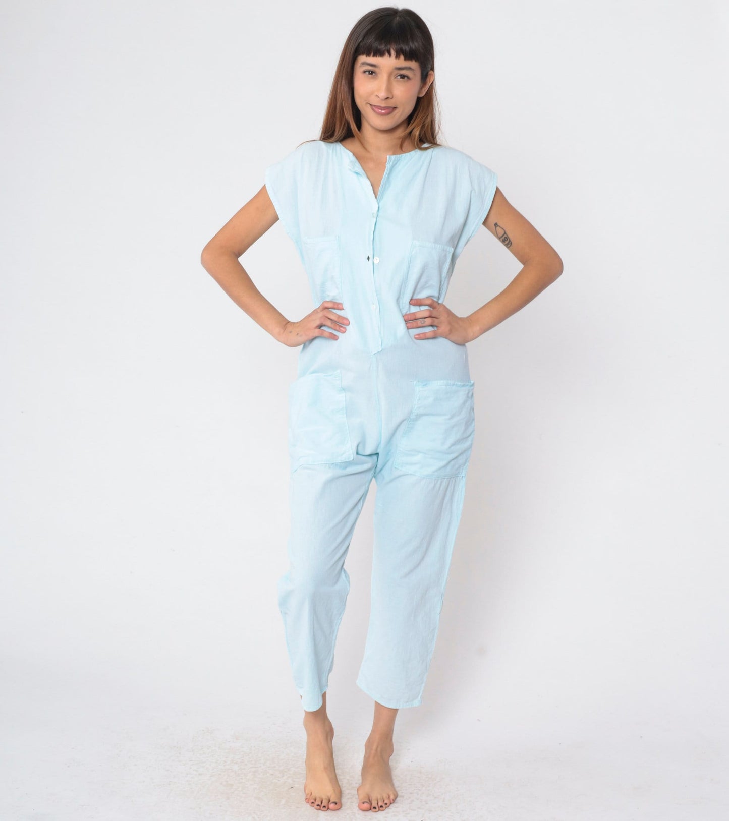 80s Baby Blue Cotton Jumpsuit Cap Sleeve Button Front Ankle Medium
