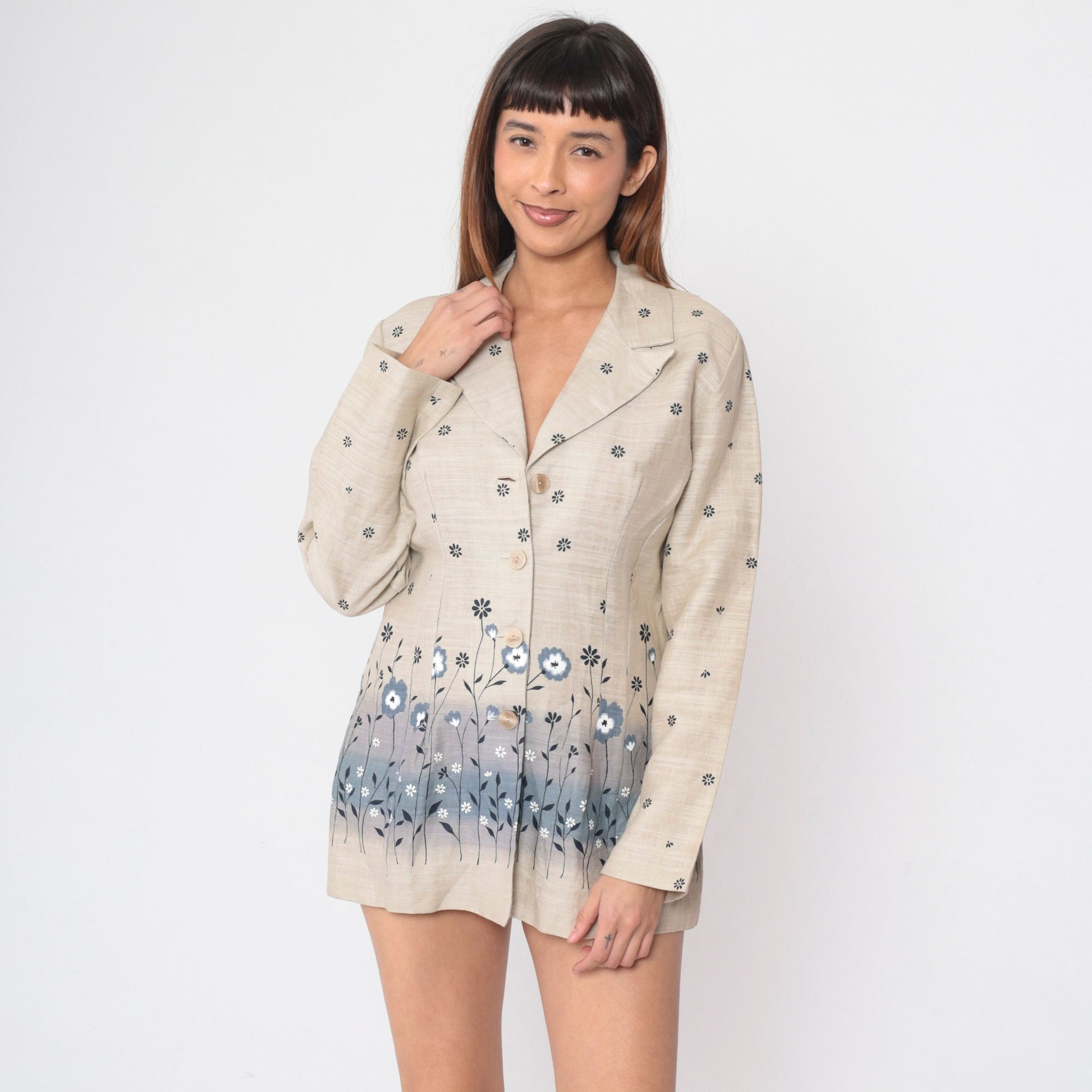 90s Floral Blazer Beige Cotton Blue Flower Print Structured Jacket Medium