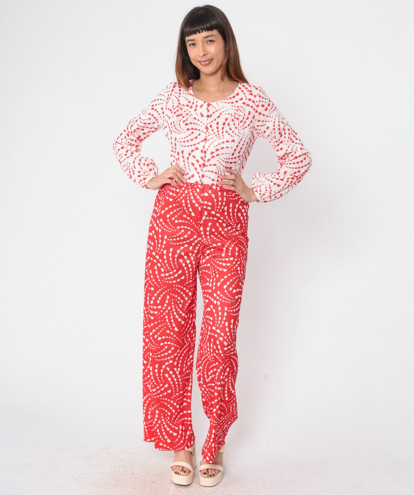 70s Toni Todd Jumpsuit Red White Geometric Wide Leg Button Up Small Medium