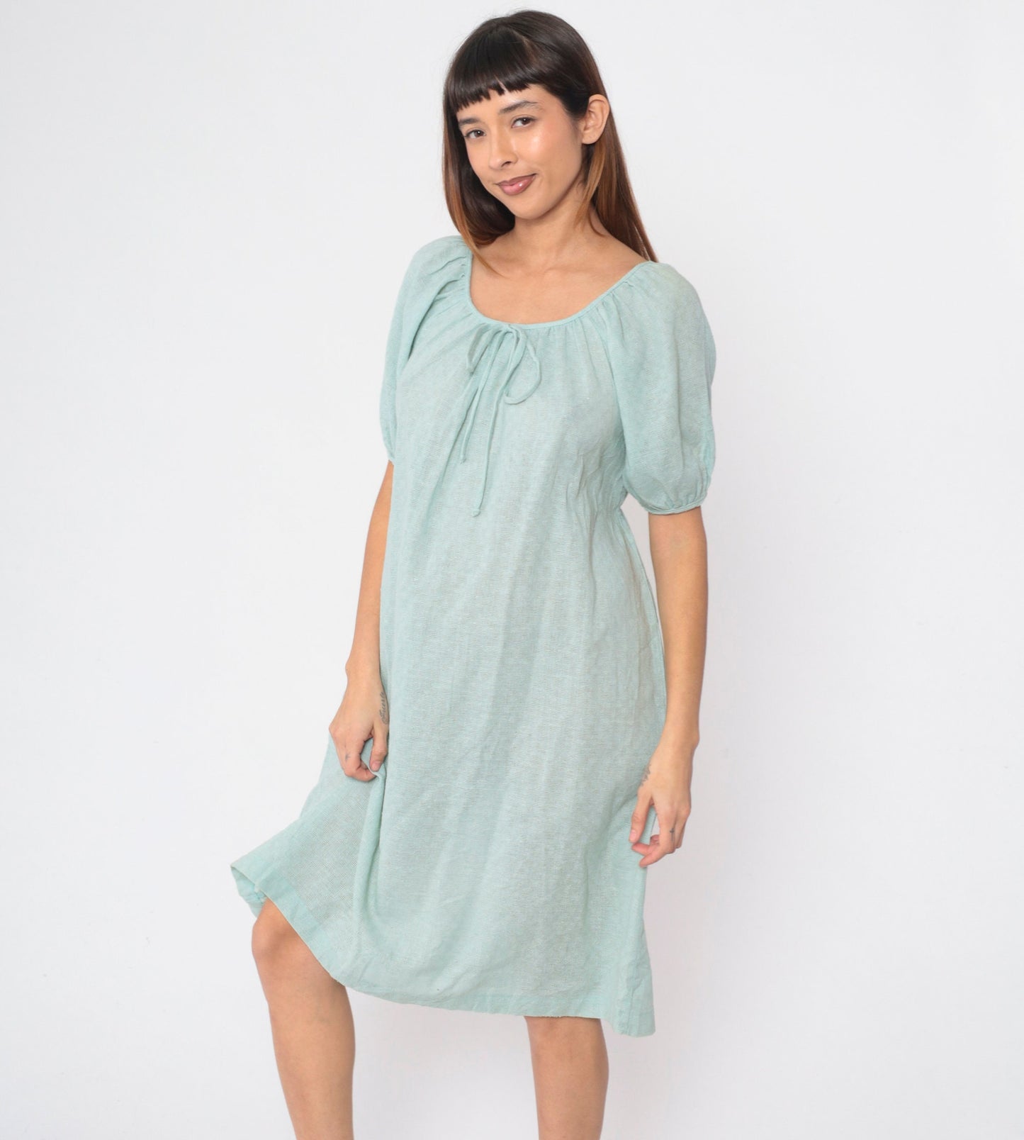 70s JC Penney Seafoam Shift Dress Bow Neck Midi Cotton Small