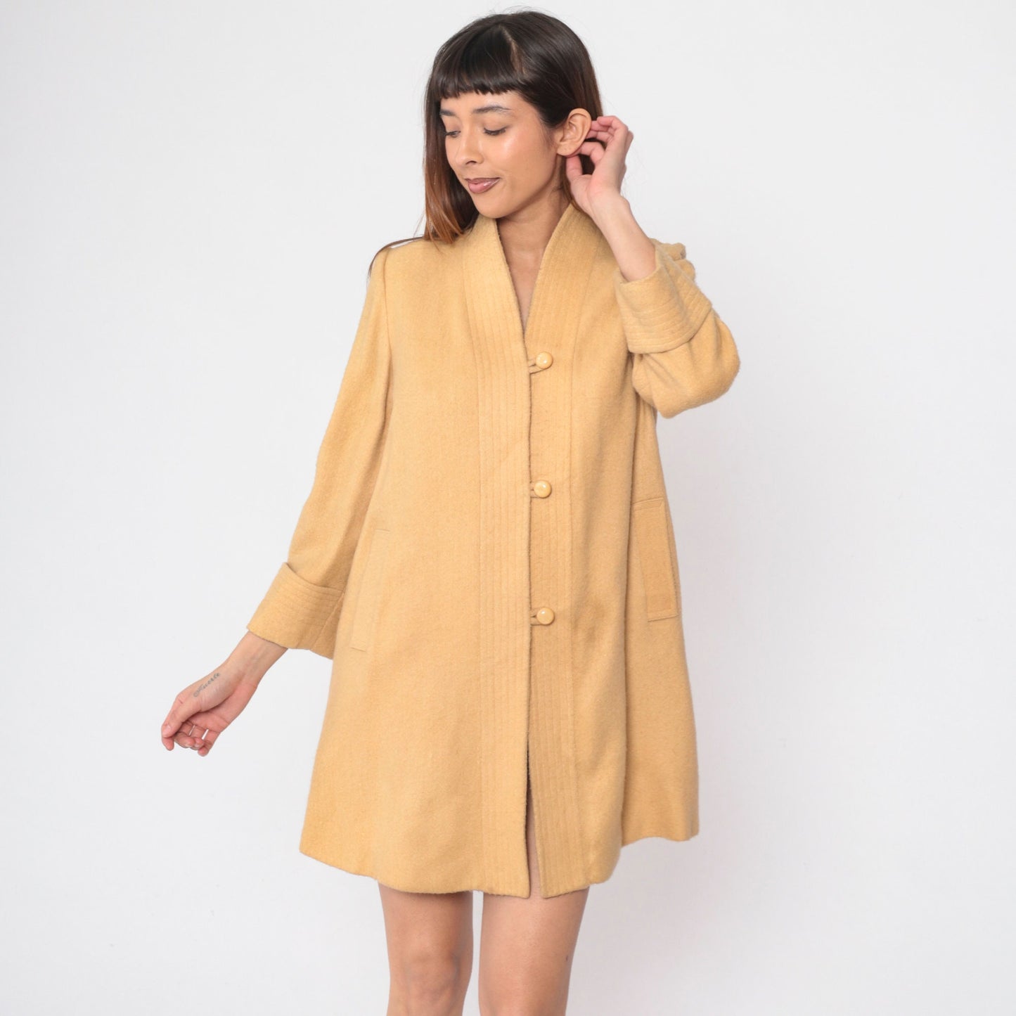 80s Mustard Wool Blend Jacket V-Neck Loop Button Set-In Sleeve Small