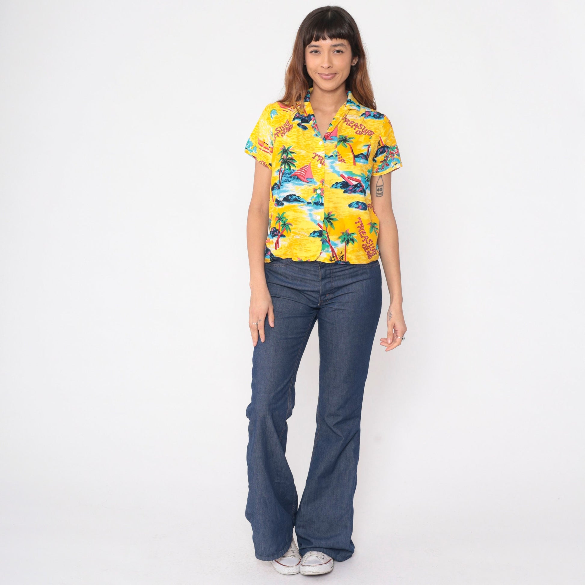 90s Sultra Tropical Shirt Yellow Palm Tree Sailboat Print Button Up Small