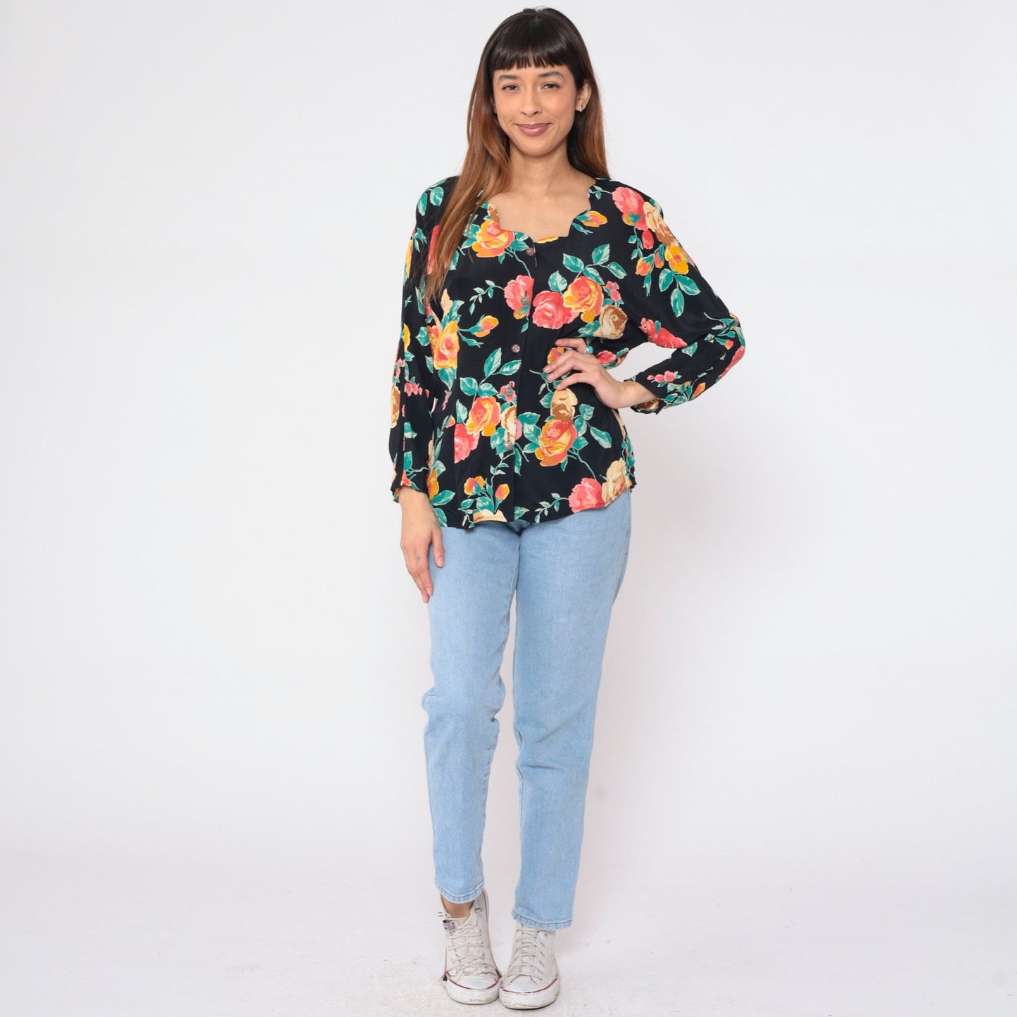 90s Carole Little Black Floral Button-Up Blouse Scalloped Neckline Medium
