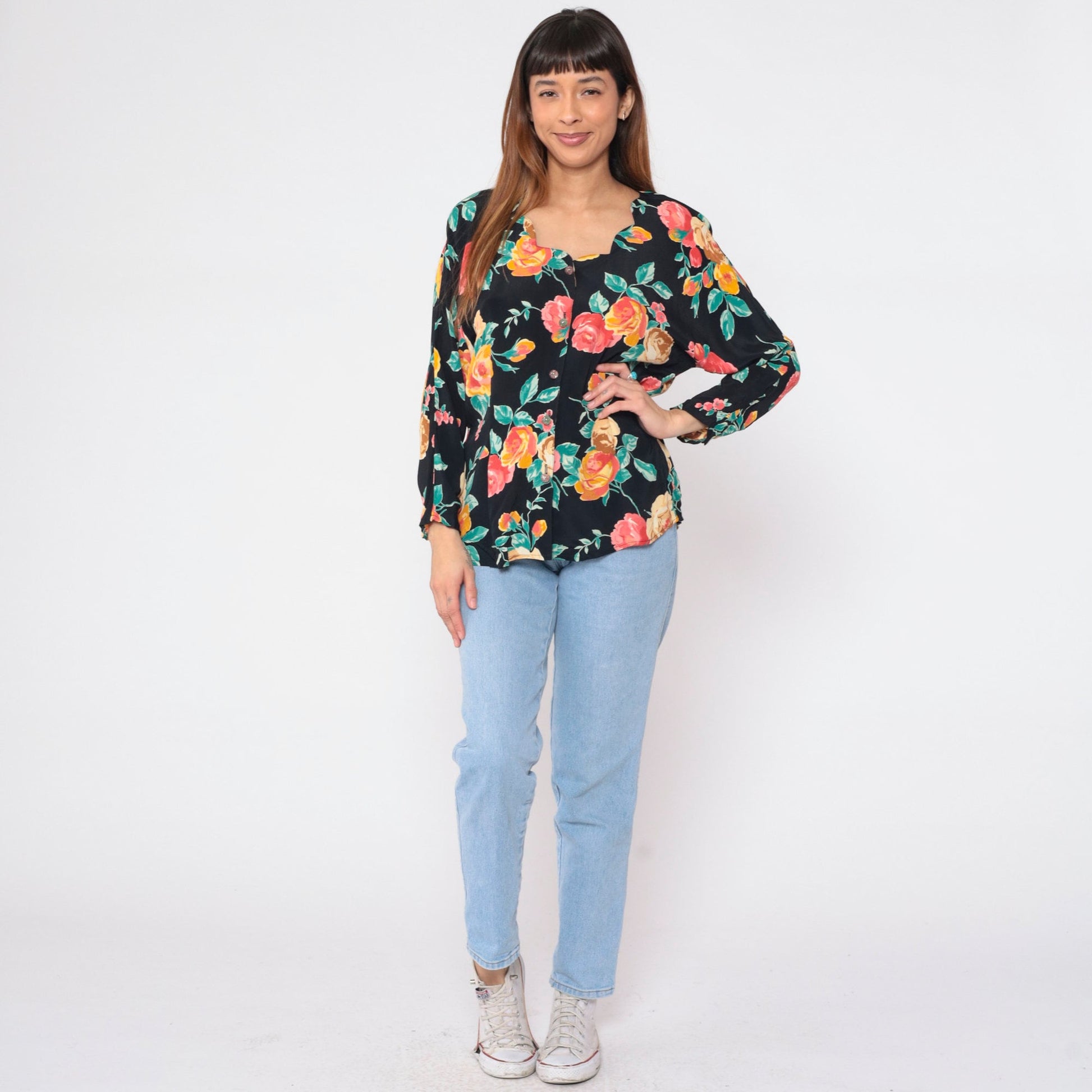 90s Carole Little Black Floral Button-Up Blouse Scalloped Neckline Medium