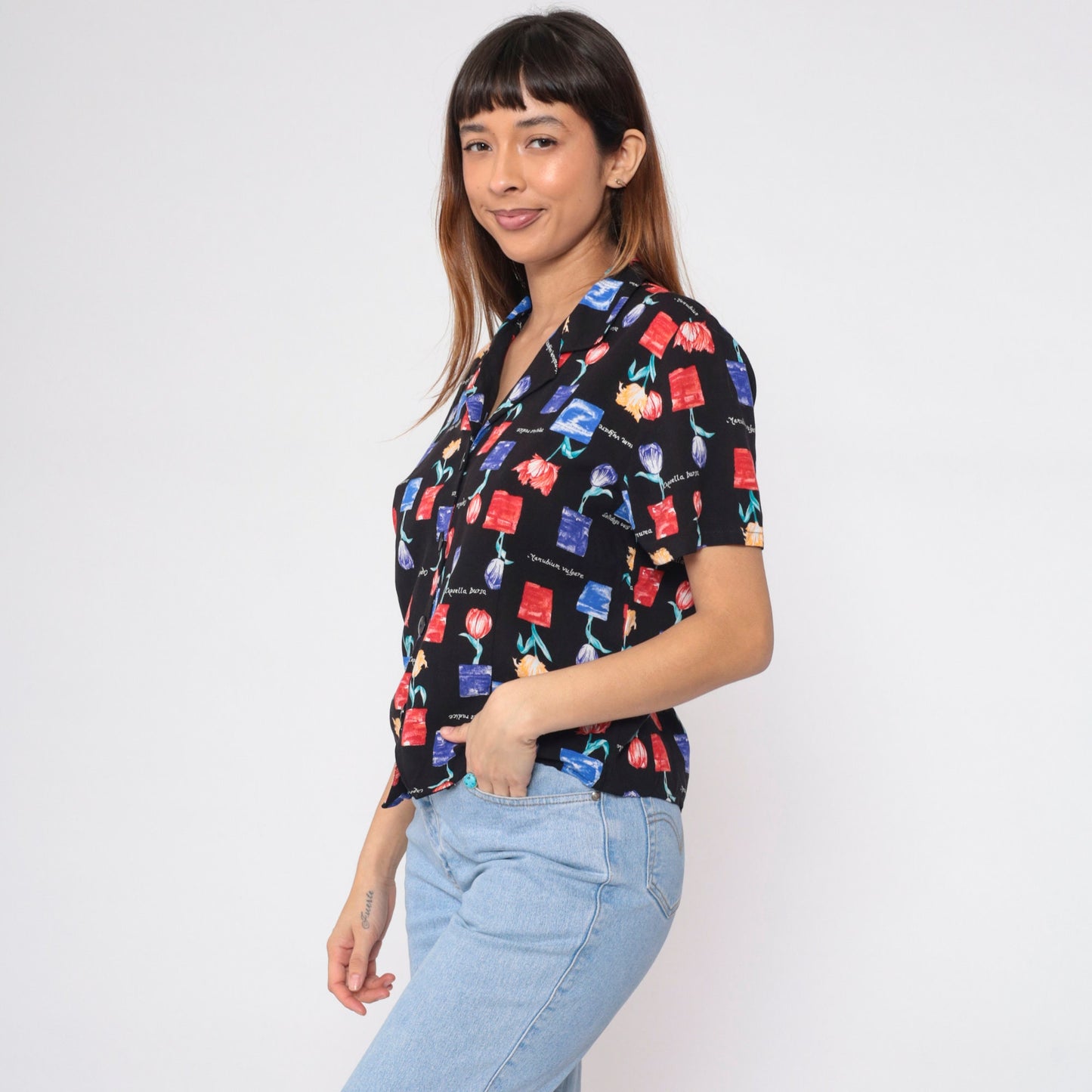 90s Floral Botanical Button-Up Blouse Flowerpot Tulip Print Shirt Large L