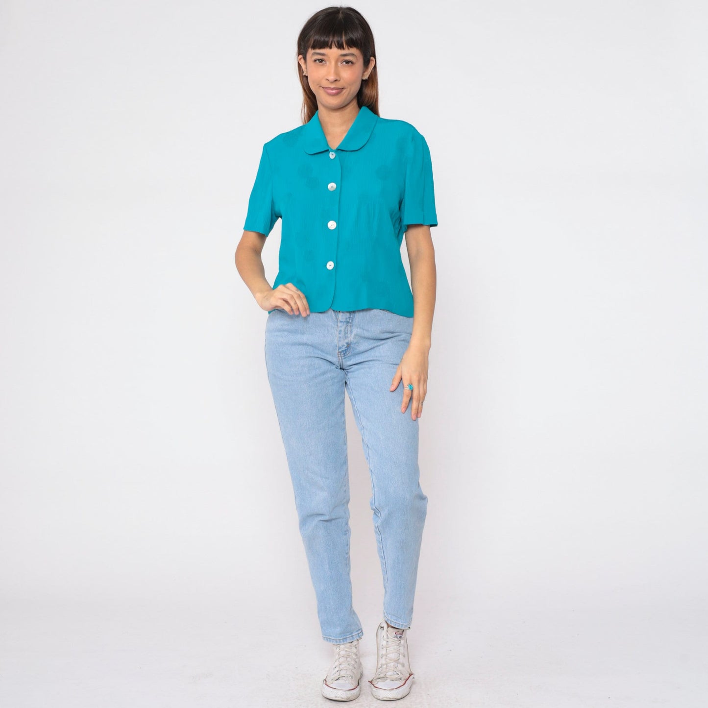 90s Bright Blue Mandala Print Button-Up Blouse Peter Pan Collar Short Sleeve Large