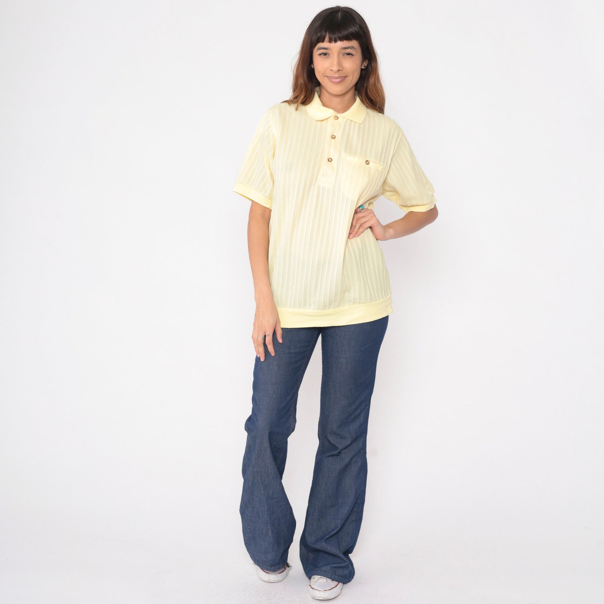 80s Light Yellow Polo Shirt Chest Pocket Banded Hem Men's Medium