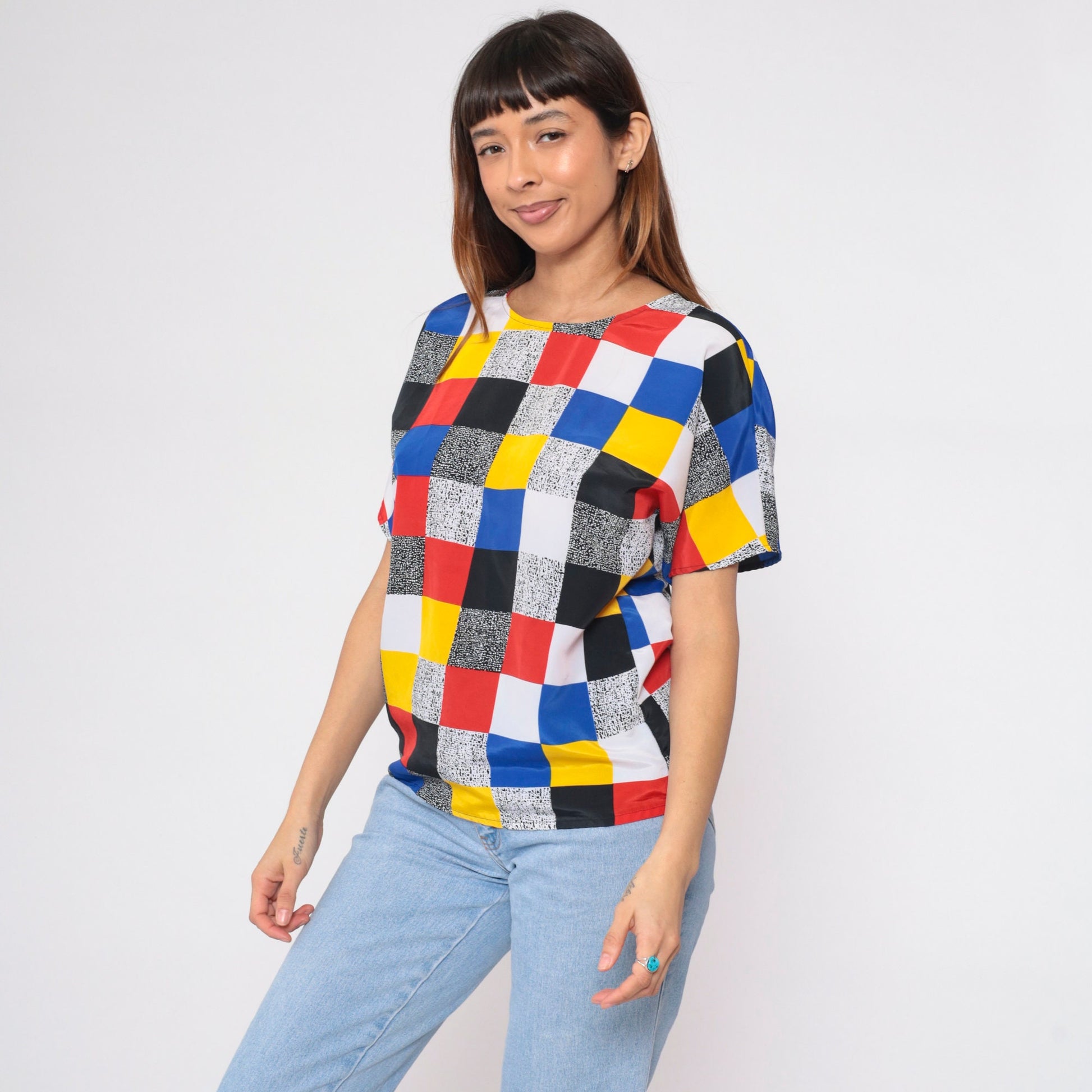90s Color Block Blouse Primary Colours Black White Flecked Print Short Sleeve Small S