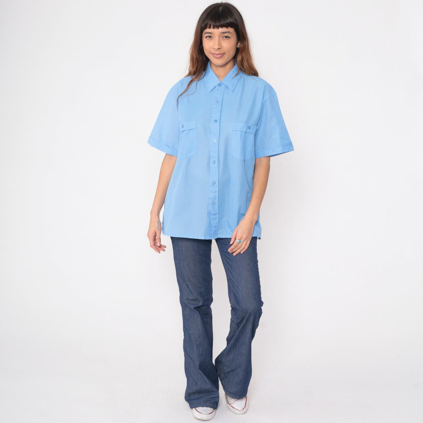 Y2K Haband Light Blue Striped Button Up Shirt Short Sleeve Men's Large L