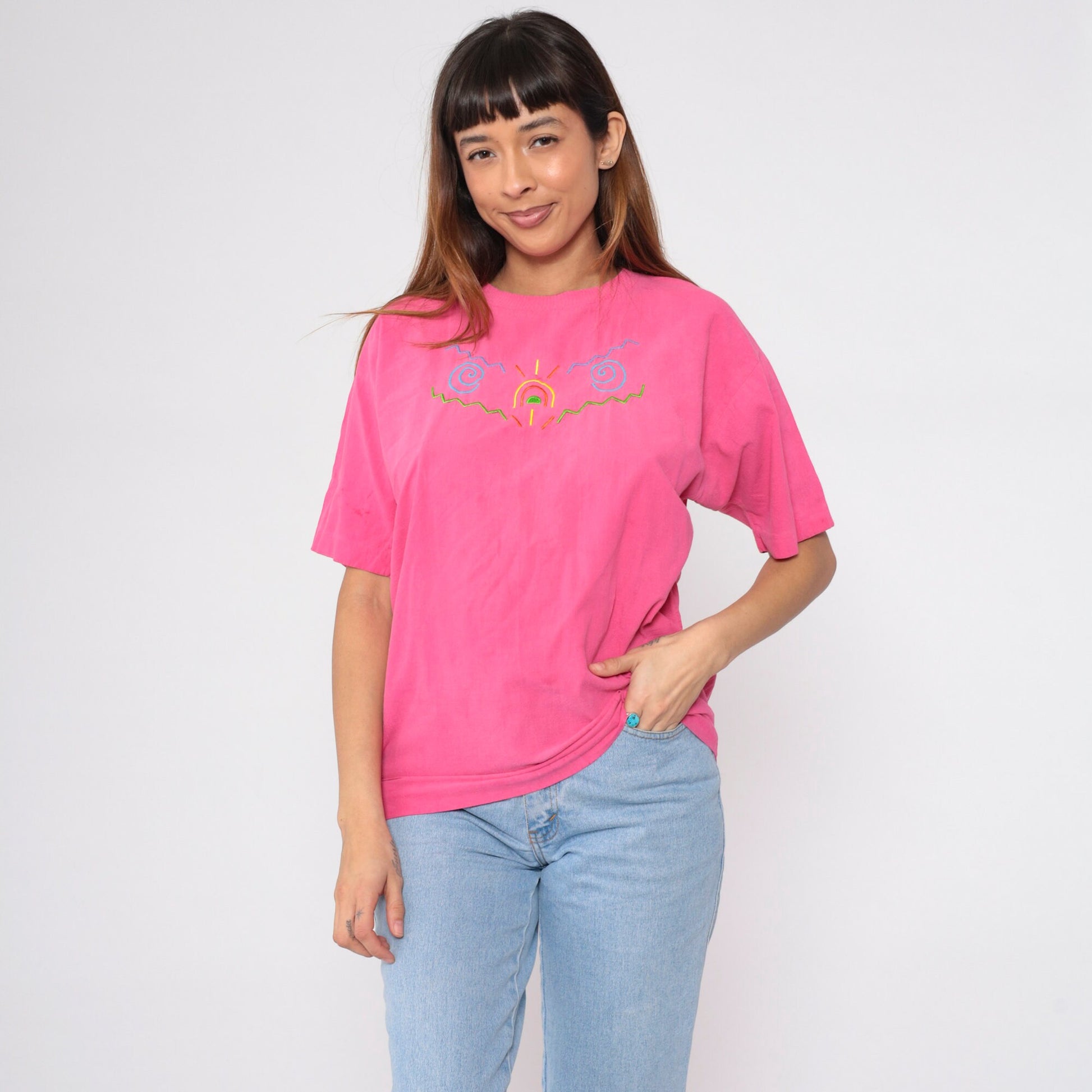 90s Peter Popovitch Embroidered Sun T-Shirt Hot Pink Abstract Tee Medium