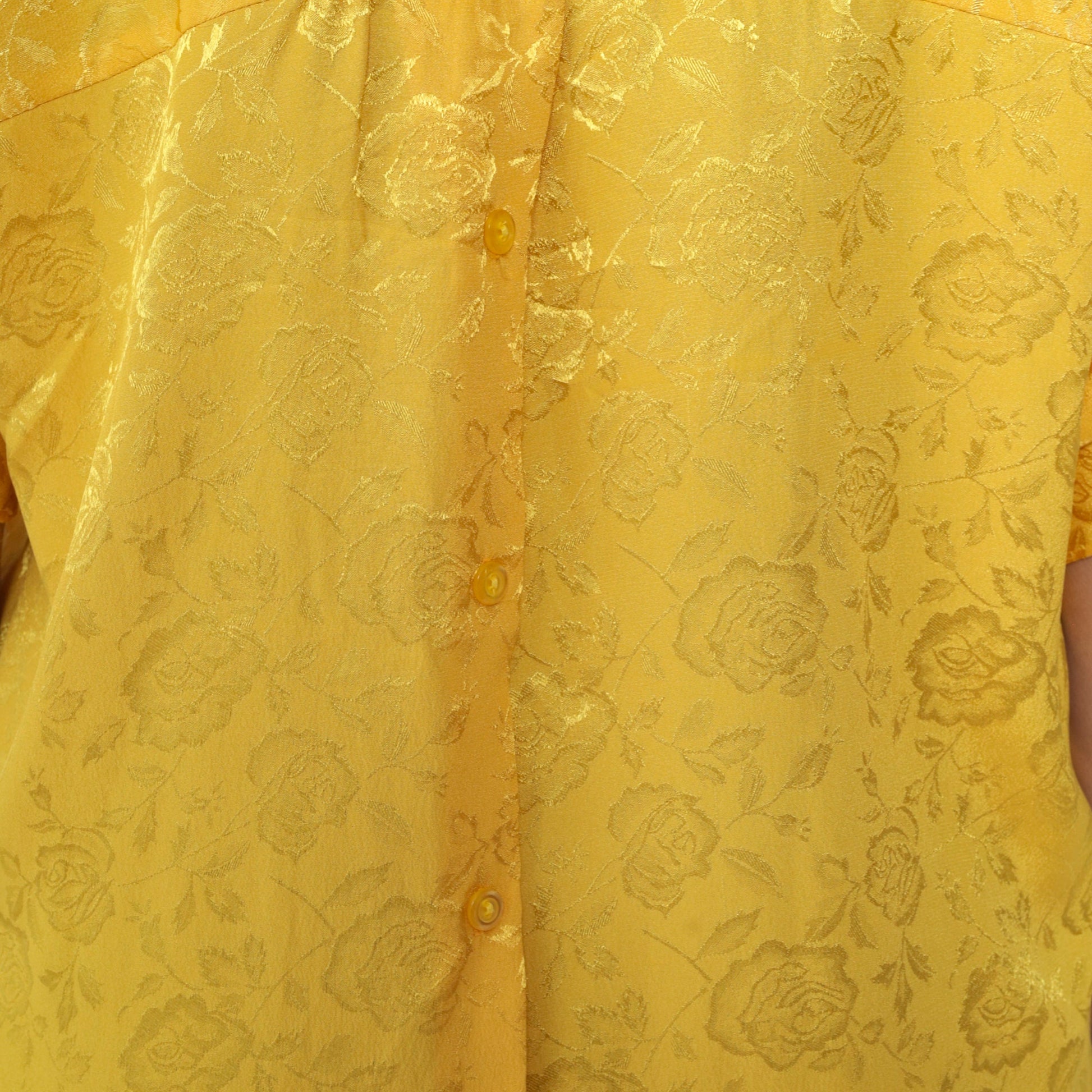 90s Angelus Yellow Floral Button-Up Blouse Embossed Short Sleeve Large