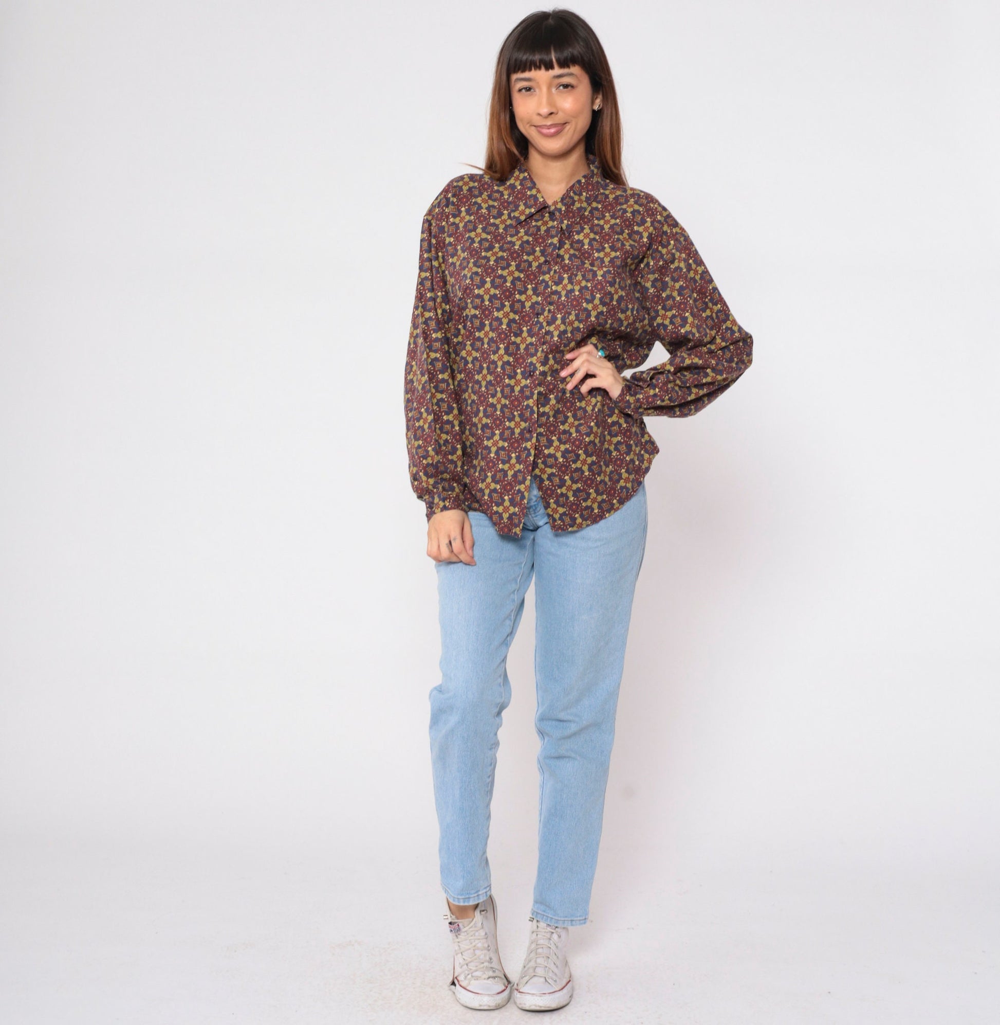 90s Van Heusen Geometric Floral Button-Up Blouse Long Sleeve Collared Shirt Large L