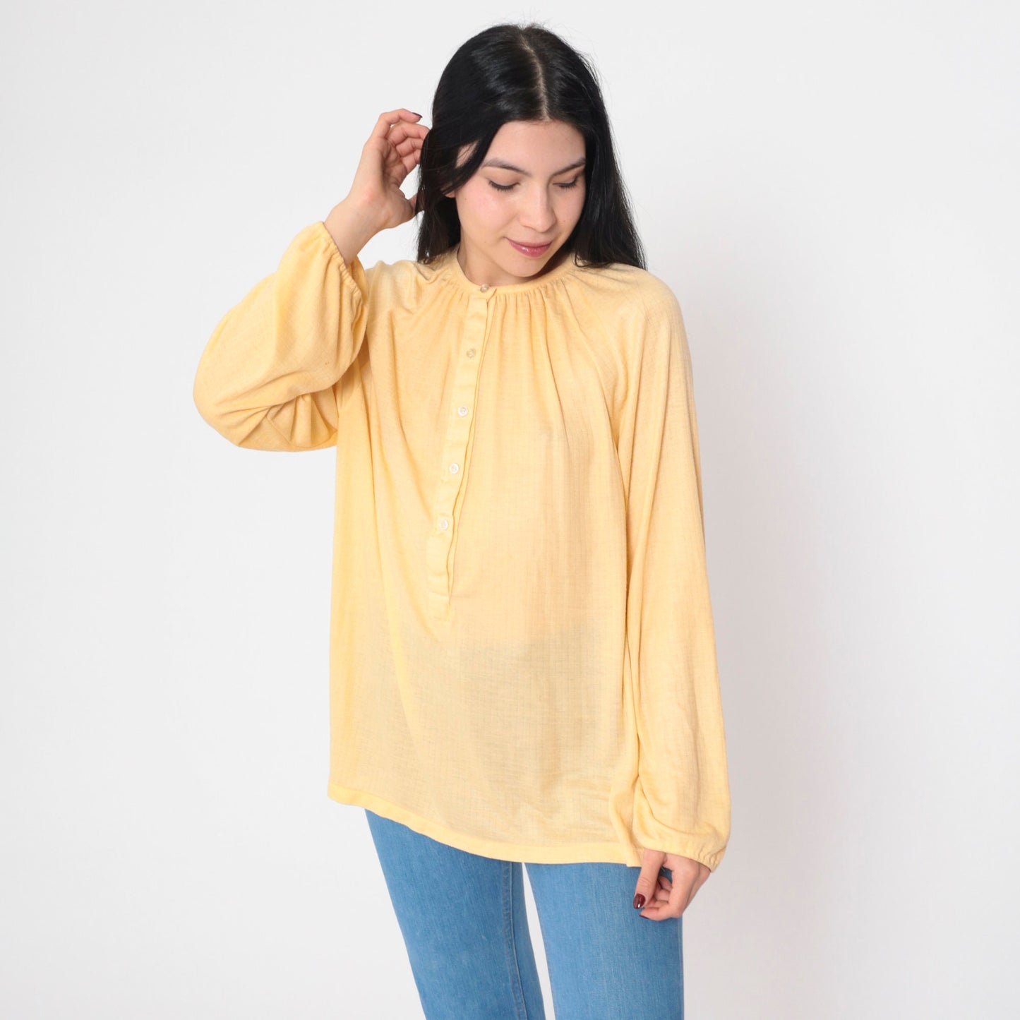70s Yellow Semi-Sheer Half-Button Blouse Long Sleeve Medium M