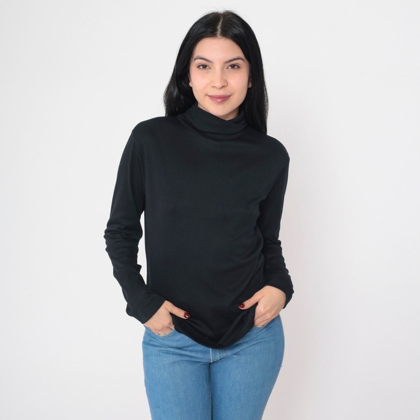70s Black Turtleneck Long Sleeve Shirt Funnel Neck Layering Top Large L