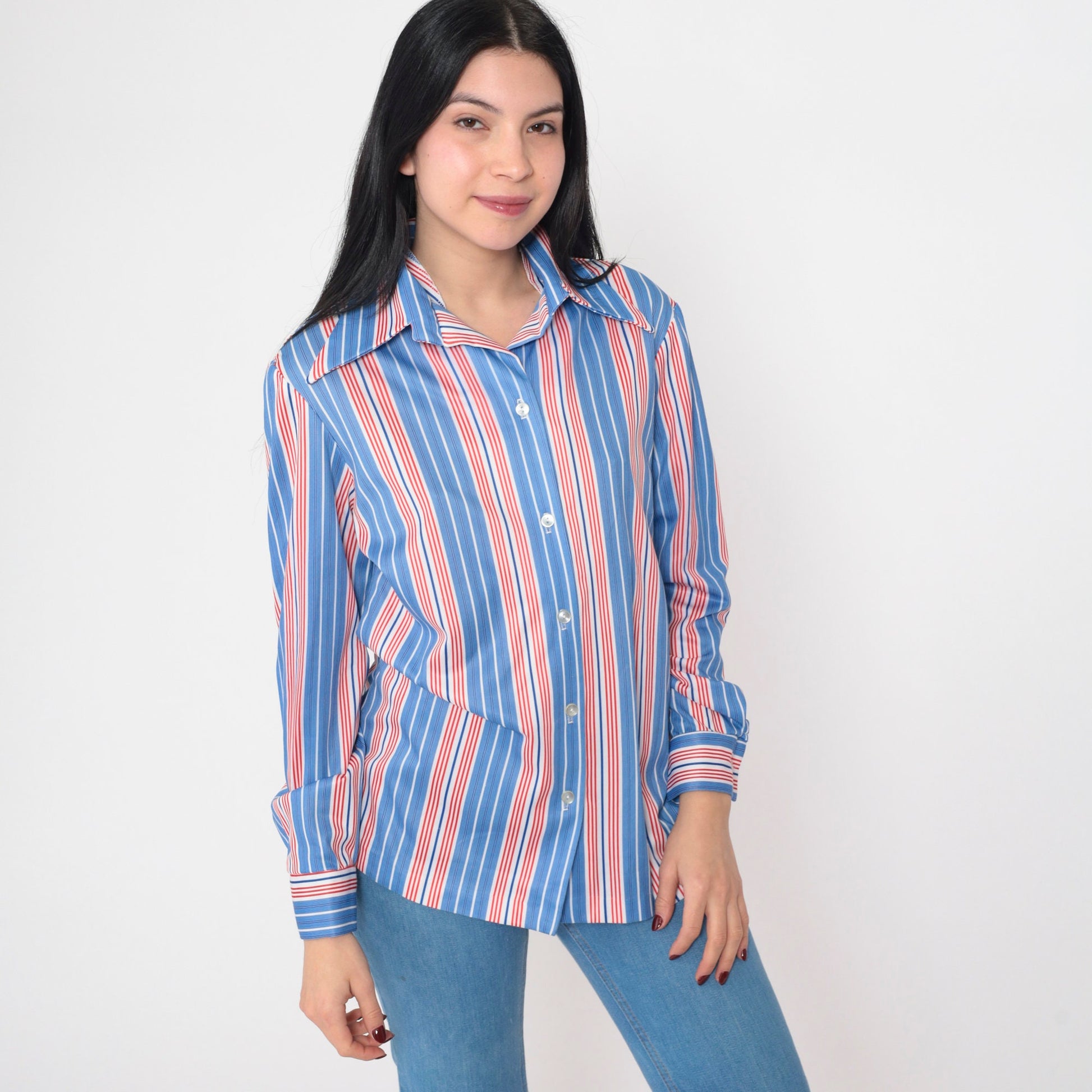 70s Red White Blue Striped Button-Up Blouse Long Sleeve Collared Shirt Medium